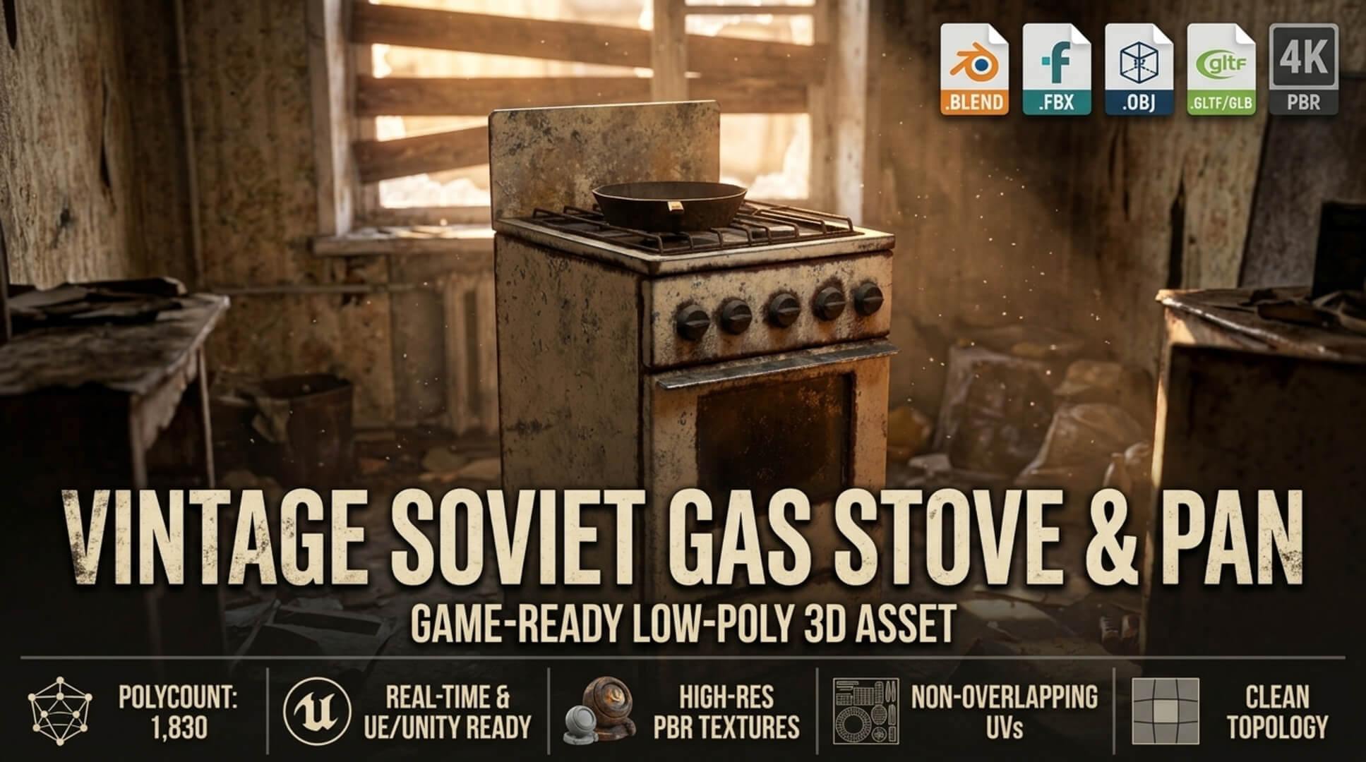 Soviet Gas Stove with Rusty Frying Pan &ndash Low-Poly PBR 3D Model