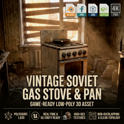 Soviet Gas Stove with Rusty Frying Pan &ndash; Low-Poly PBR