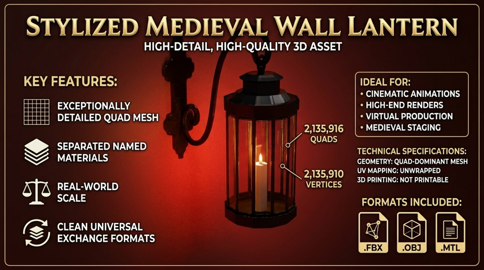 Stylized Medieval Wall Lantern with Candle - Game Ready Low 3D Model