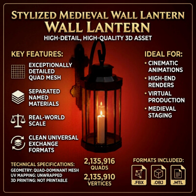 Stylized Medieval Wall Lantern with Candle - Game Ready Low