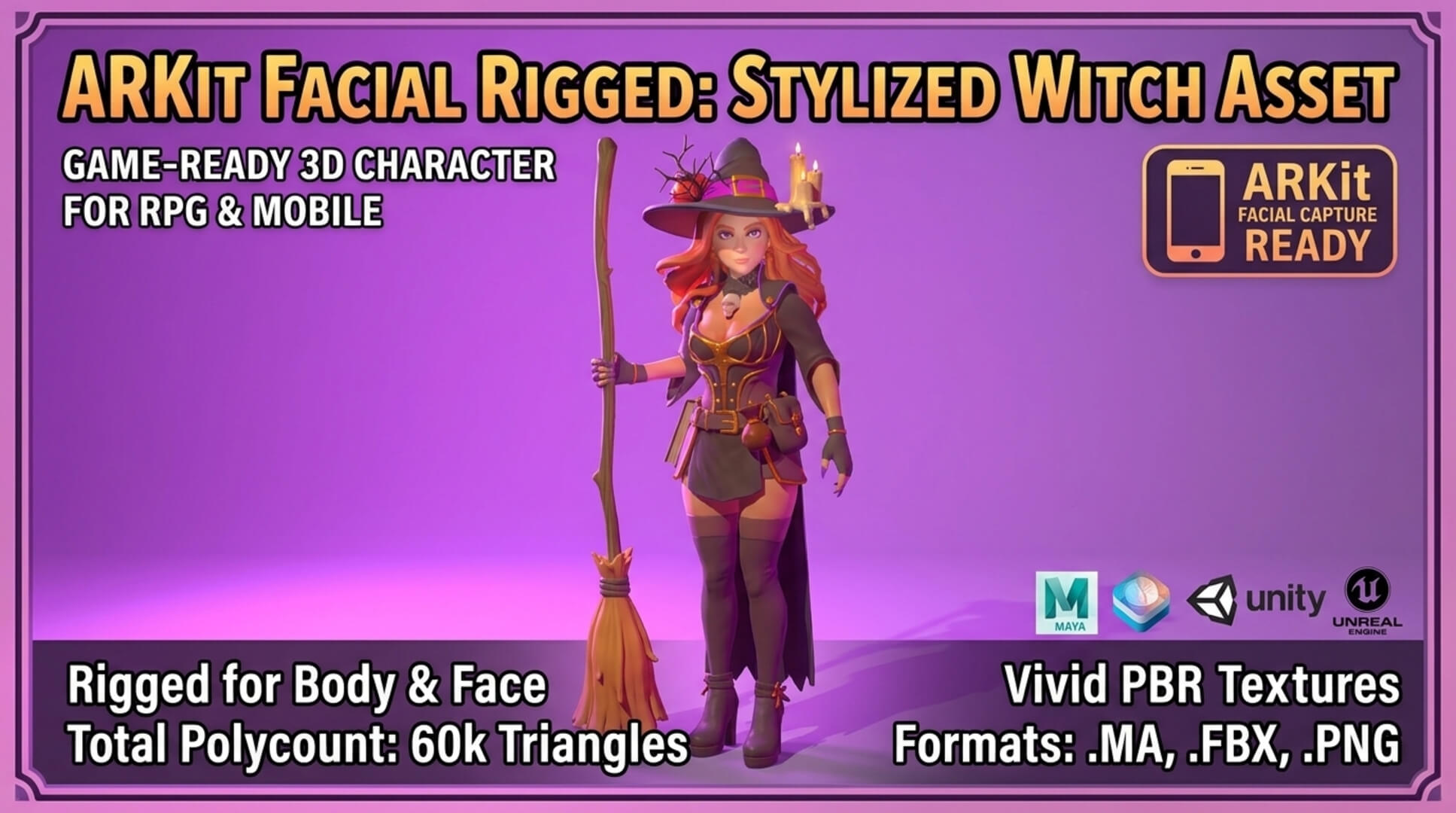 Stylized Witch Character with Broom - Rigged & ARKit Fac 3D Model