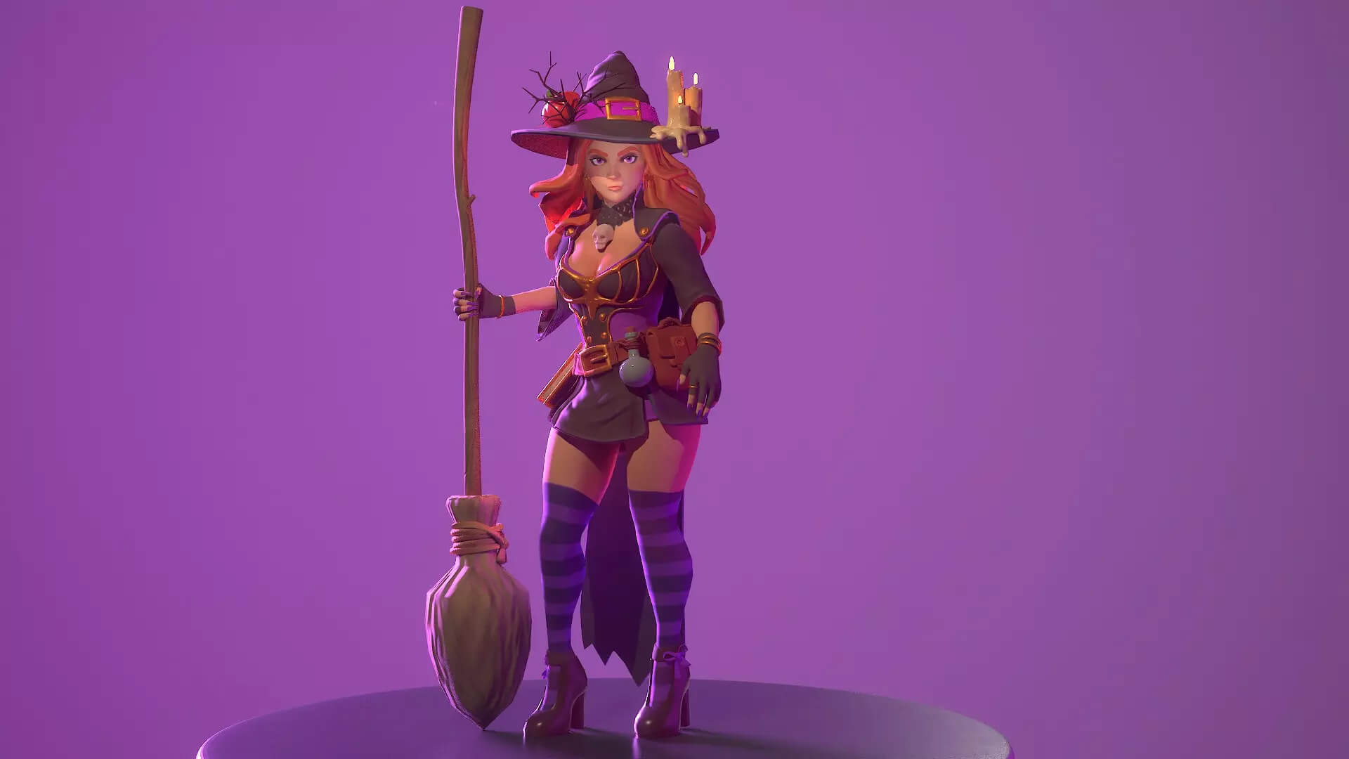 Stylized Witch Character with Broom - Rigged & ARKit Fac 3D Model