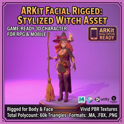 Stylized Witch Character with Broom - Rigged & ARKit Fac