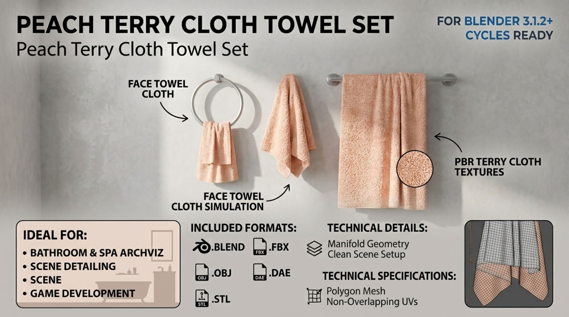 Towels Set Towel Hanging on Wall PBR 3D Model 3D Model