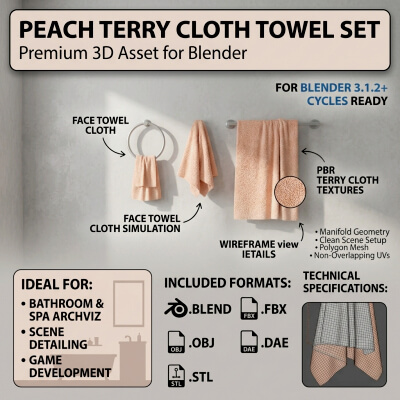 Towels Set Towel Hanging on Wall PBR 3D Model