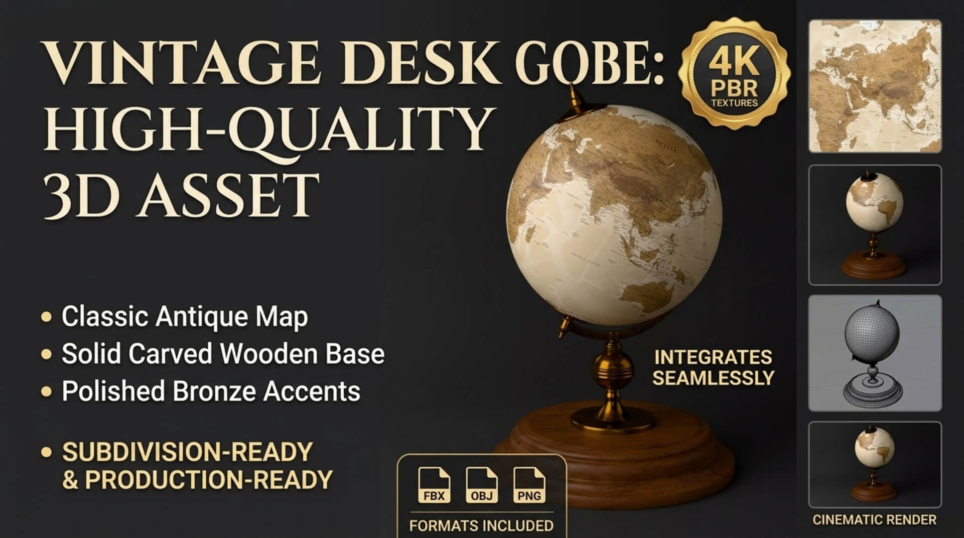 Vintage Desk Globe - Subdivision-Ready PBR 3D Model 3D Model