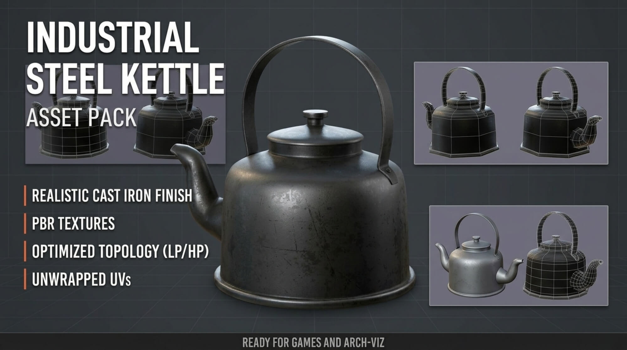 Vintage Metallic Teapot PBR Low-Poly 3D Model 3D Model