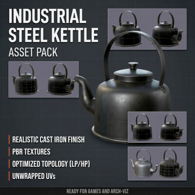 Vintage Metallic Teapot PBR Low-Poly 3D Model