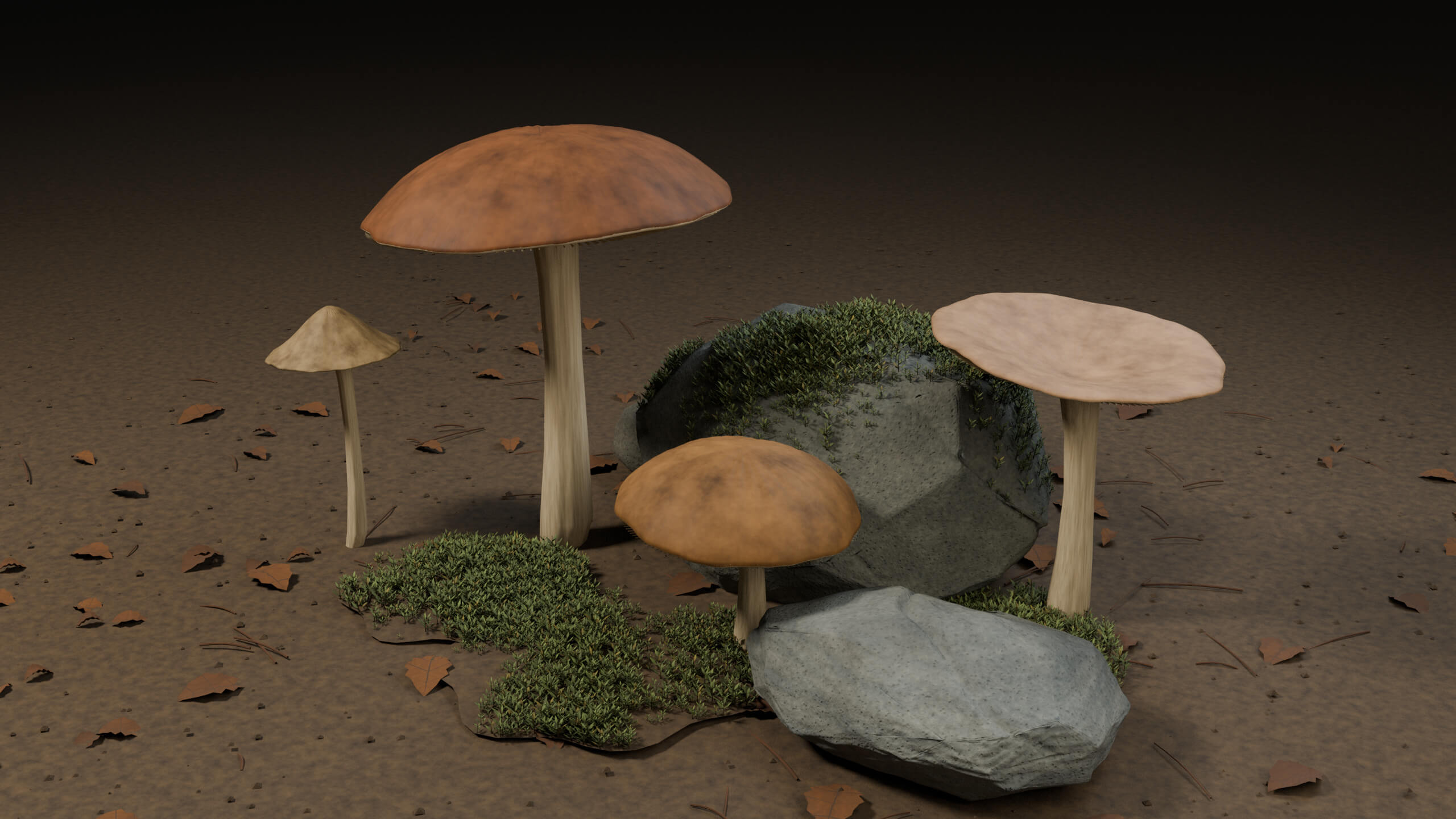 Woodland Mushrooms Moss and Stones - PBR Prop Kit 3D Model