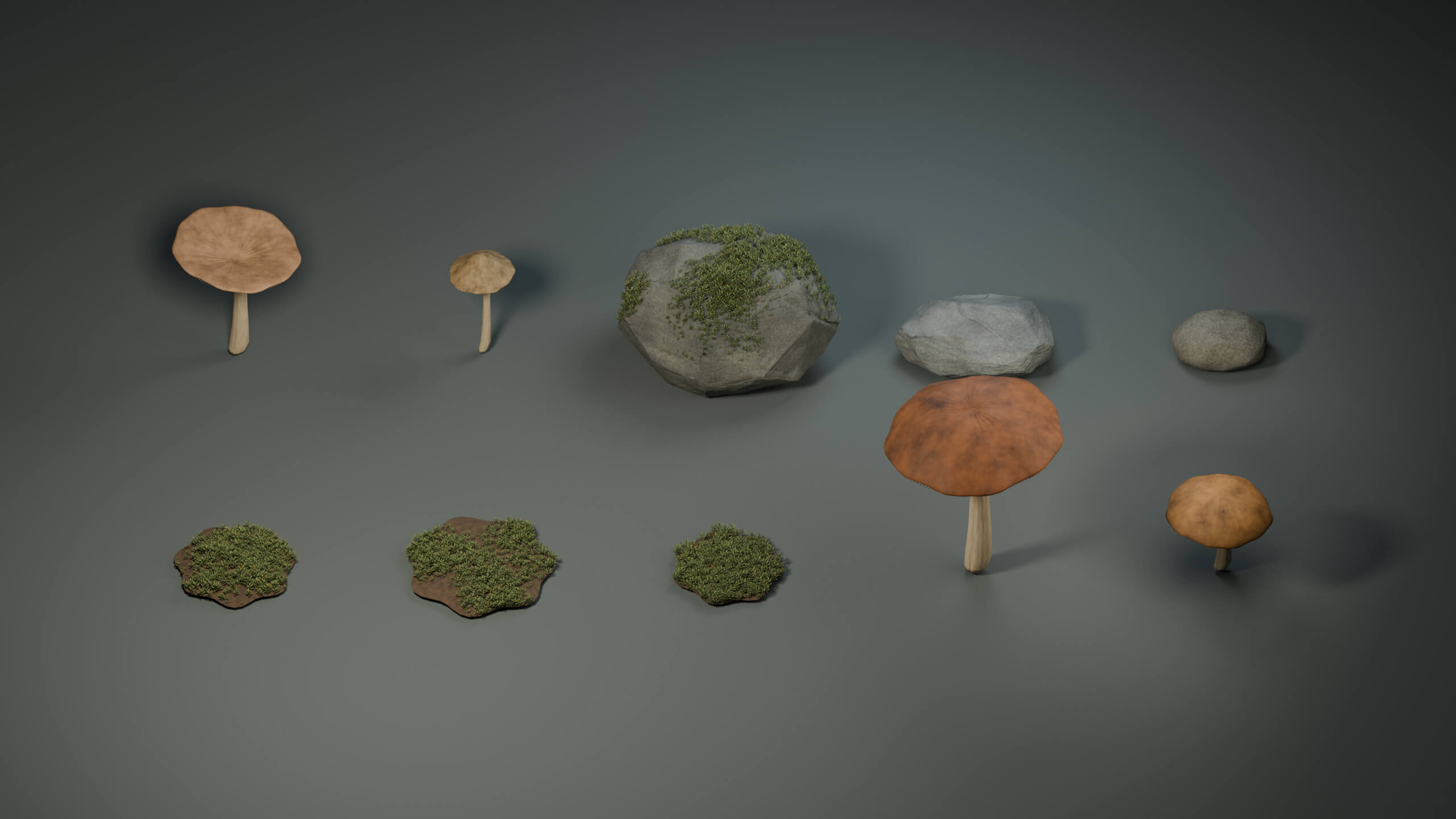 Woodland Mushrooms Moss and Stones - PBR Prop Kit 3D Model