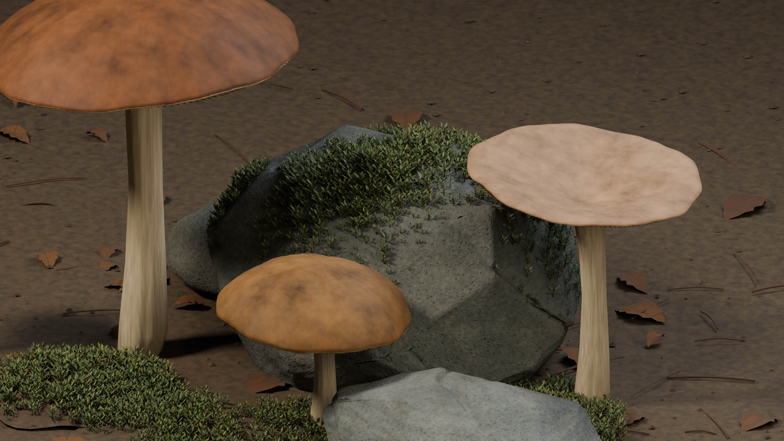 Woodland Mushrooms Moss and Stones - PBR Prop Kit 3D Model