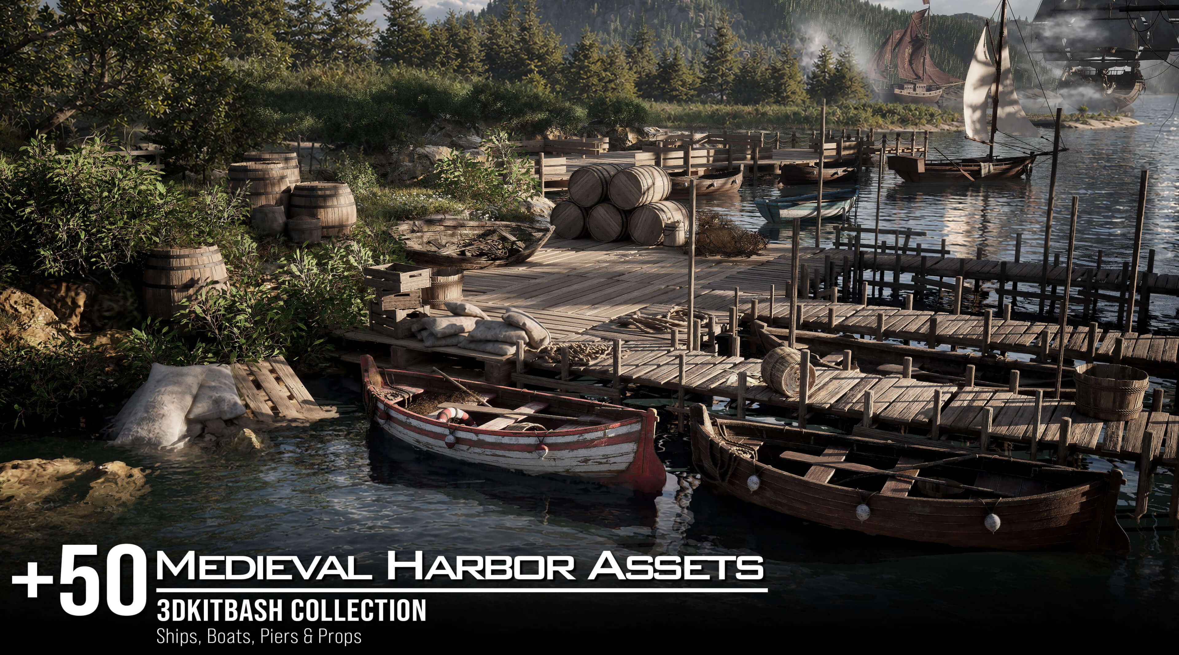 Medieval Harbor Asset Collection &ndash Ships Boats Piers 3D Model
