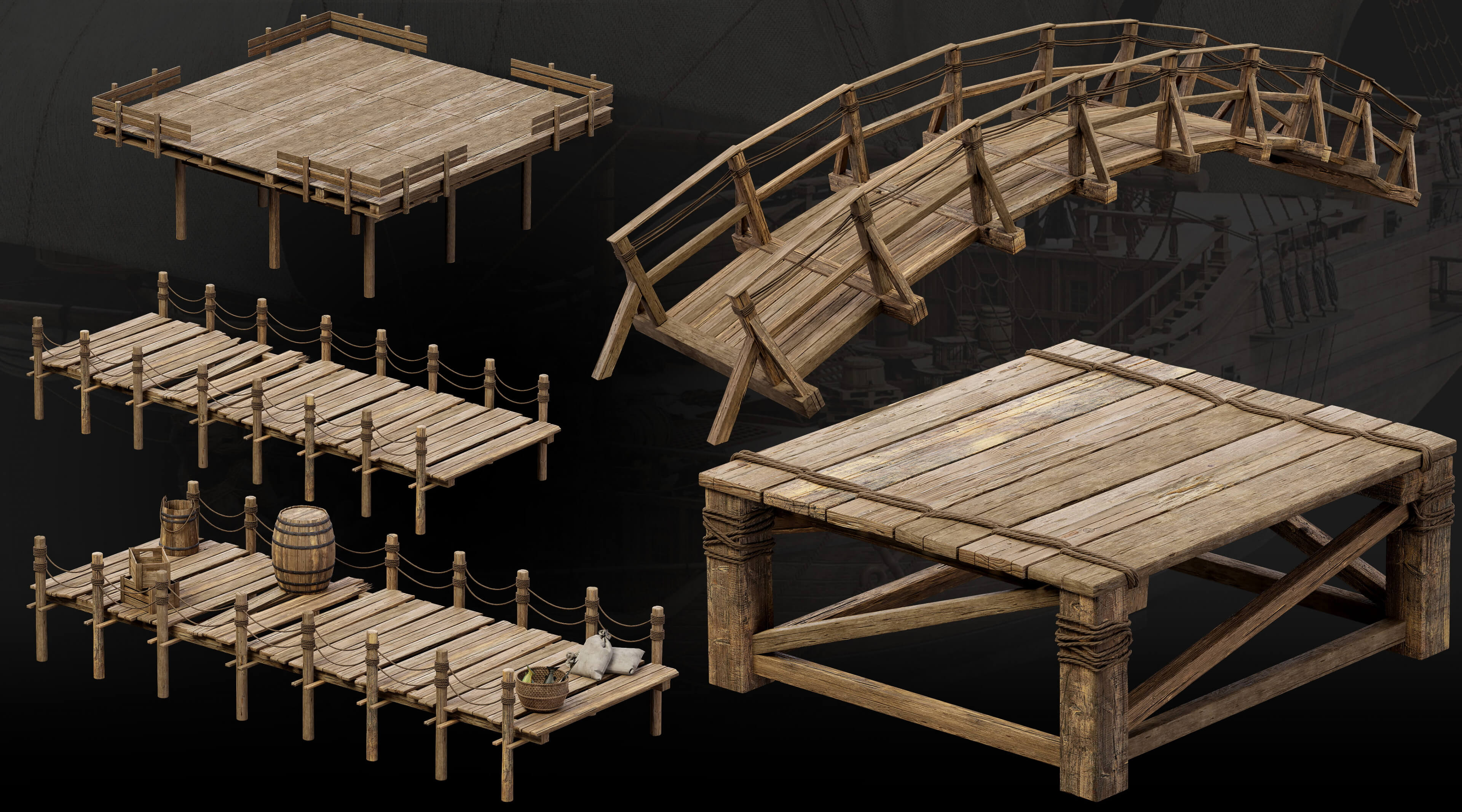 Medieval Harbor Asset Collection &ndash Ships Boats Piers 3D Model