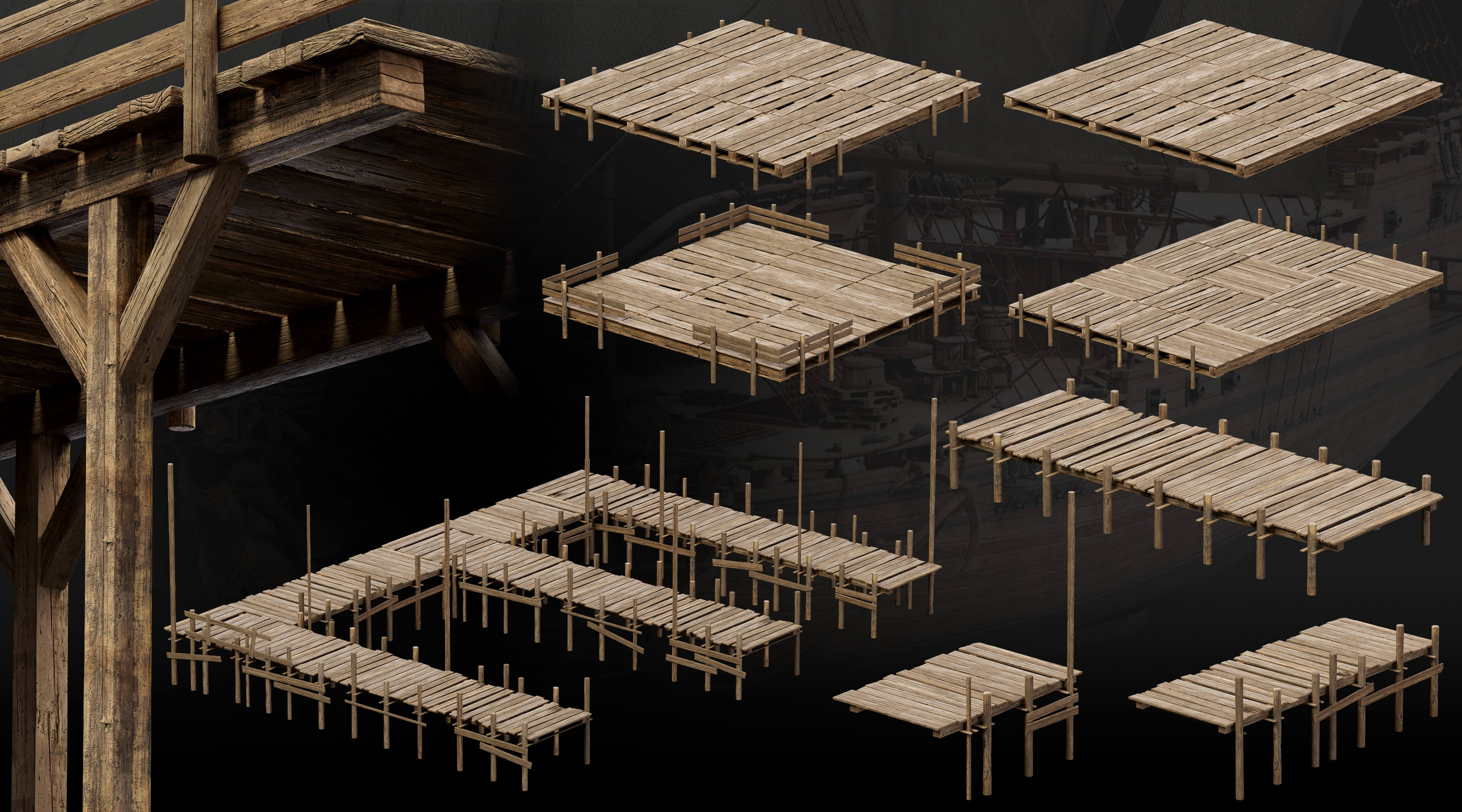 Medieval Harbor Asset Collection &ndash Ships Boats Piers 3D Model