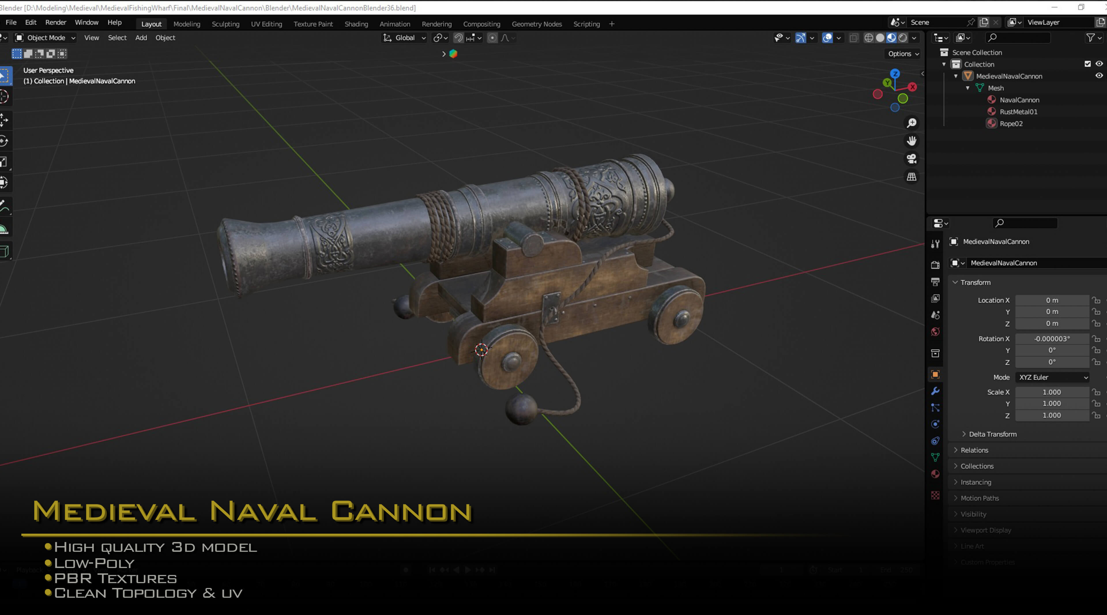 Medieval Naval Cannon 3D Model