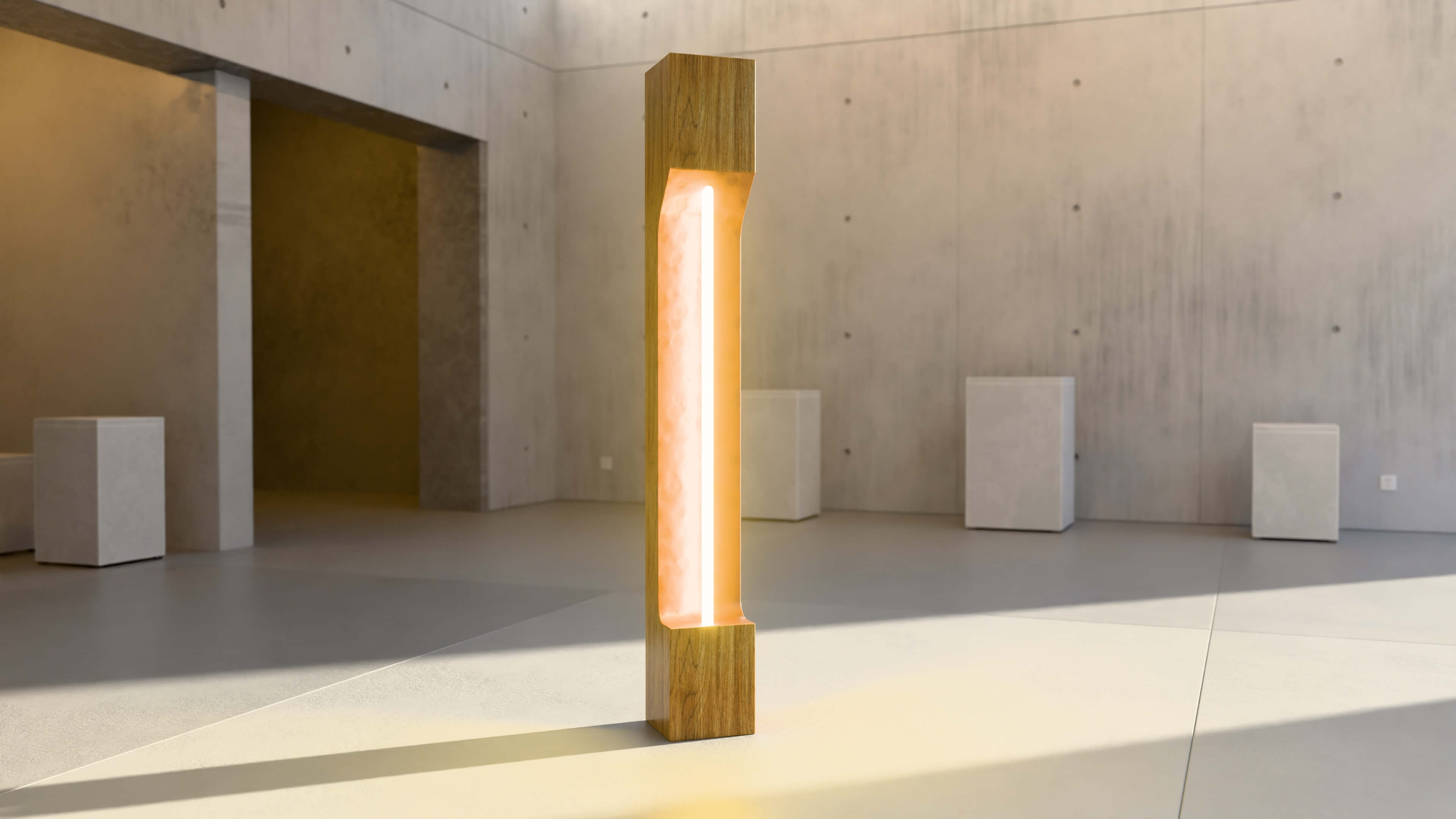 Minimalist Wooden Floor Lamp in a Sunlit Modern Space 3D Render, Digital Artwork by puscas_adryan