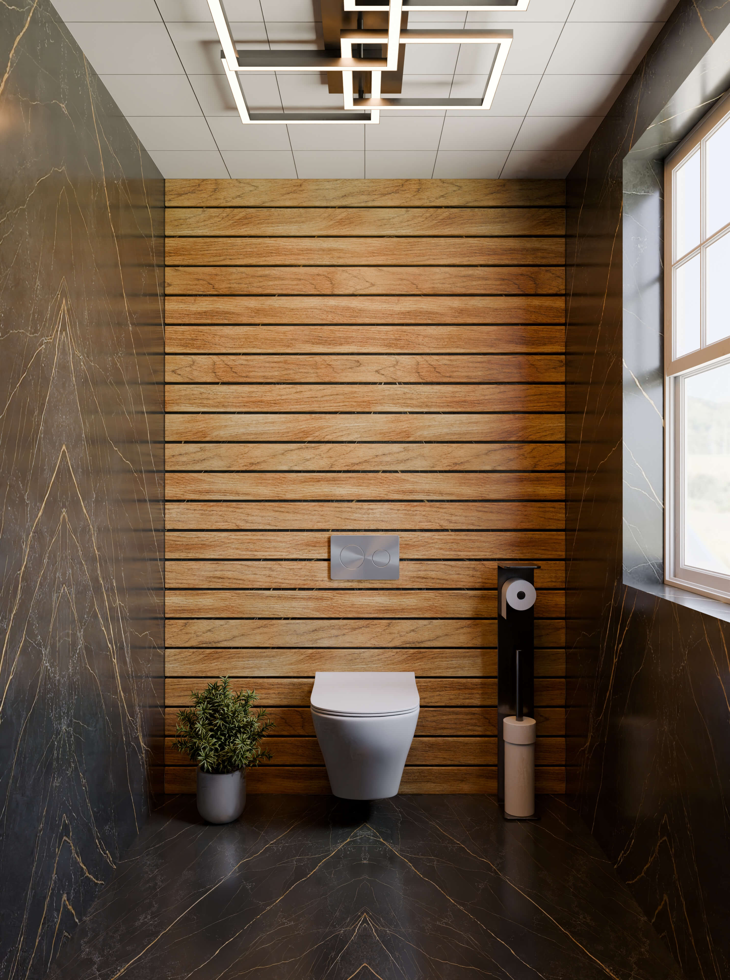 Modern Minimalist Bathroom with Wood and Dark Marble 3D Render, Digital Artwork by puscas_adryan
