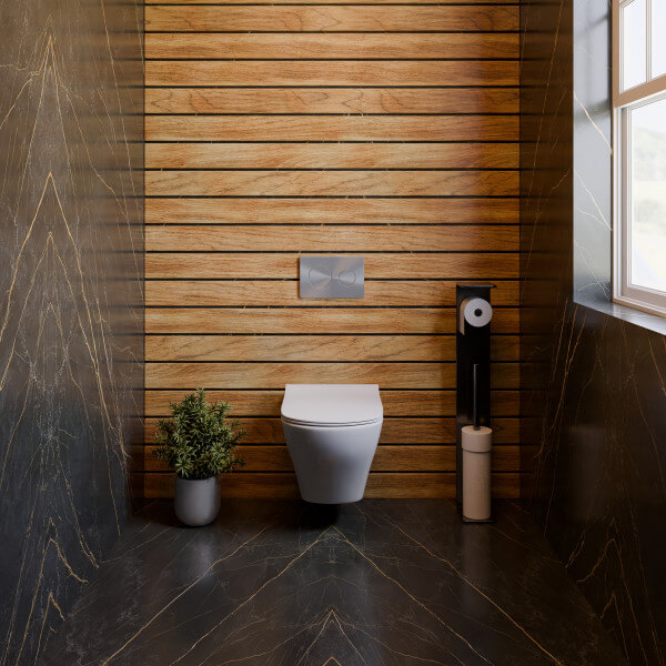 Modern Minimalist Bathroom with Wood and Dark Marble
