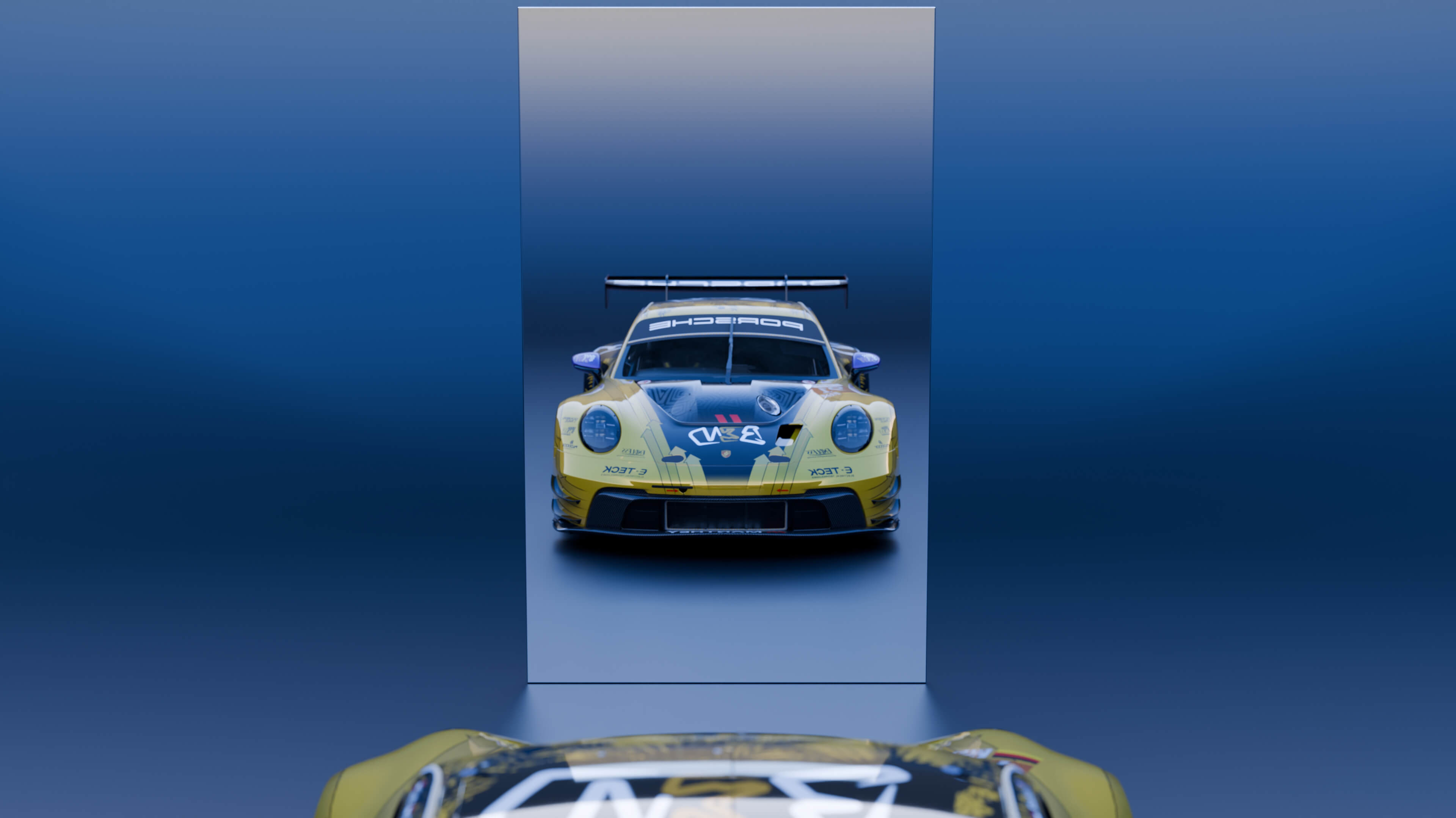 Power Reflected Yellow Race Car in a Blue Studio 3D Render, Digital Artwork by puscas_adryan