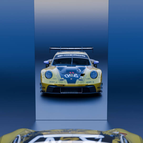 Power Reflected Yellow Race Car in a Blue Studio