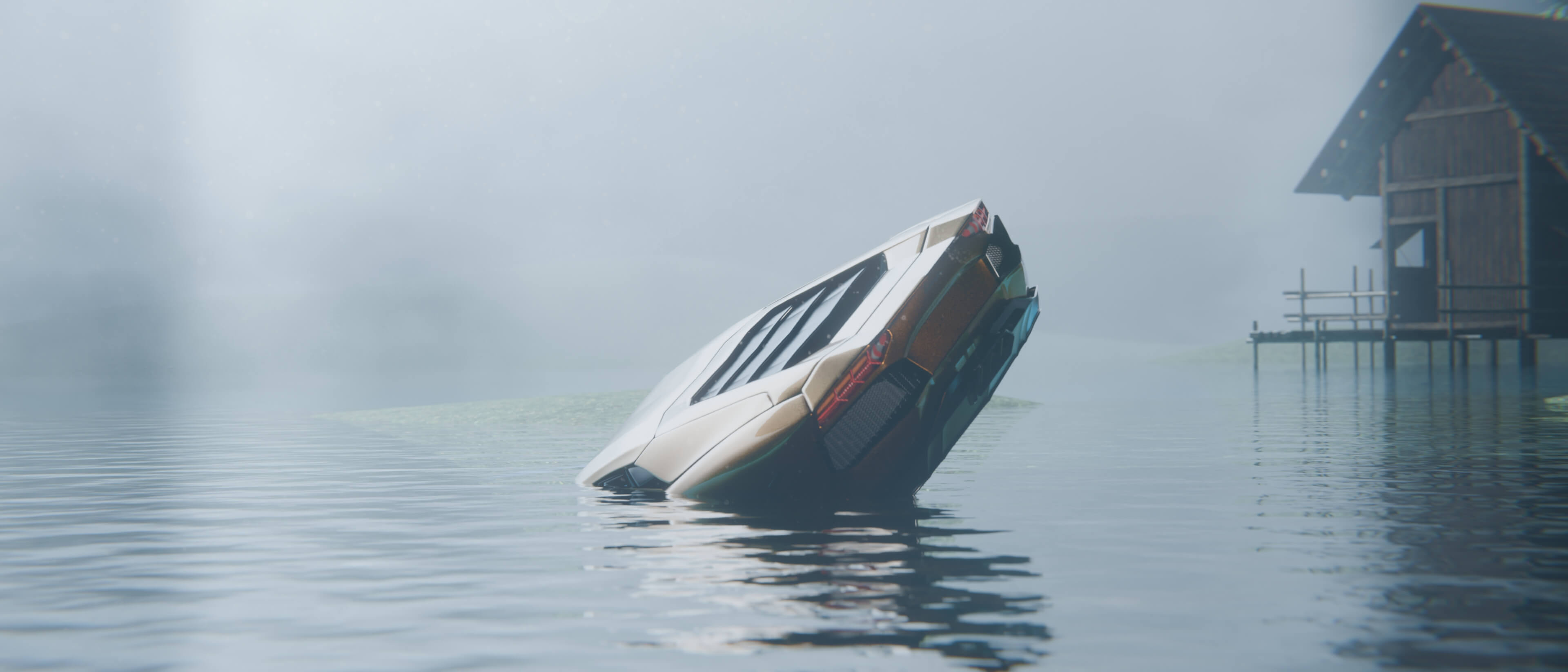 Submerged Exotic Car in a Foggy Lake 3D Render, Digital Artwork by puscas_adryan