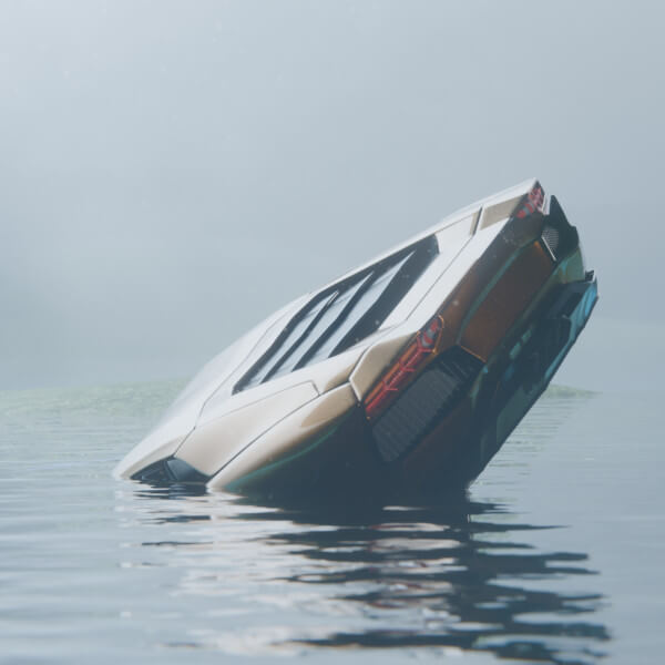 Submerged Exotic Car in a Foggy Lake
