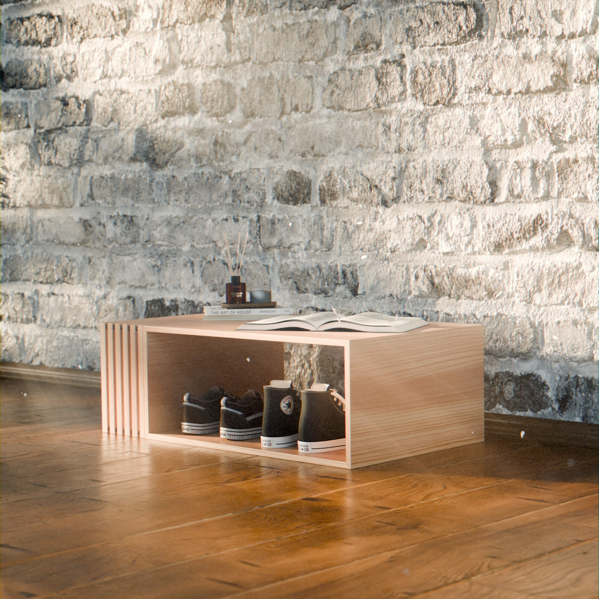 Modern Minimalist Wooden Slatted Storage Bench 3D Model 3D Model