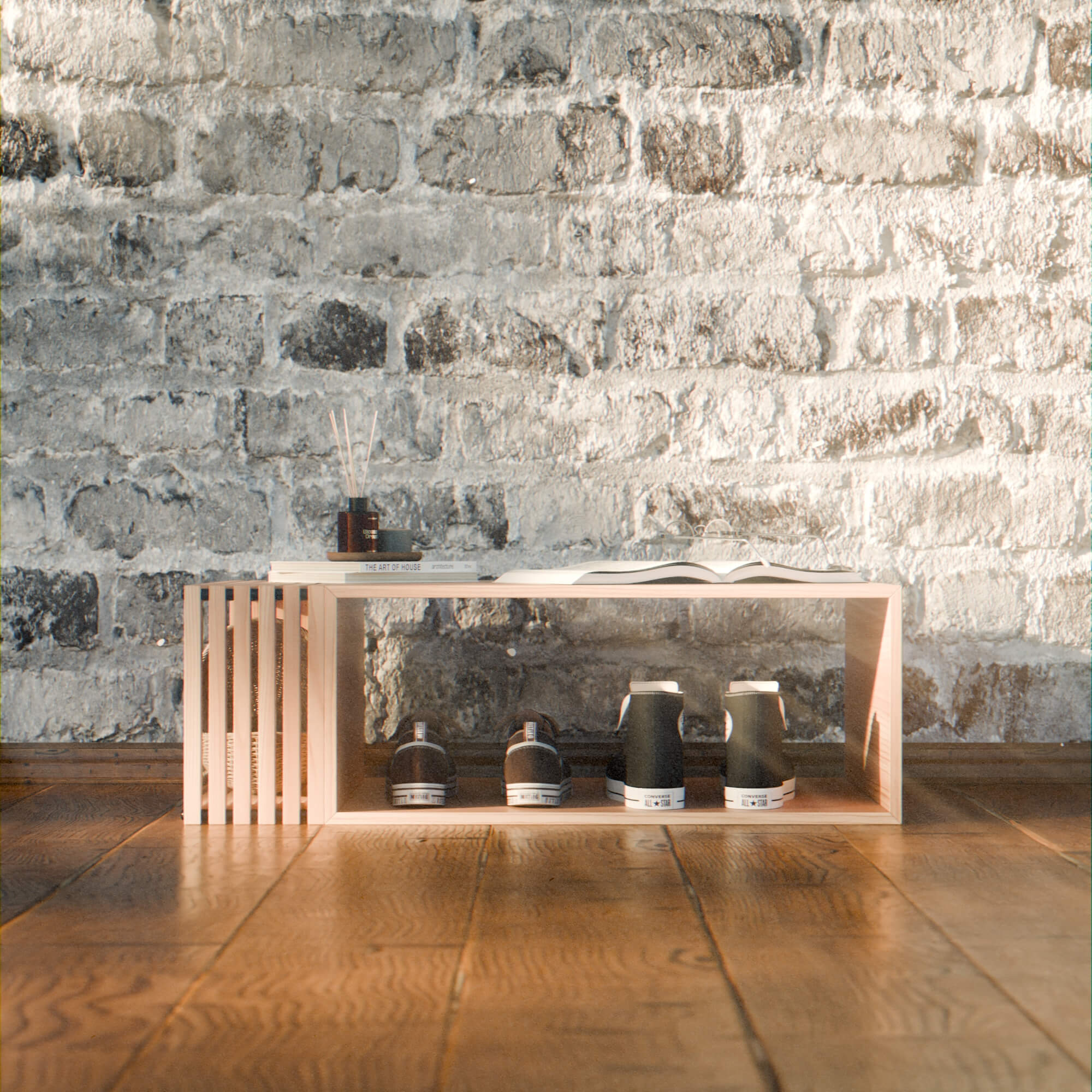 Modern Minimalist Wooden Slatted Storage Bench 3D Model 3D Model