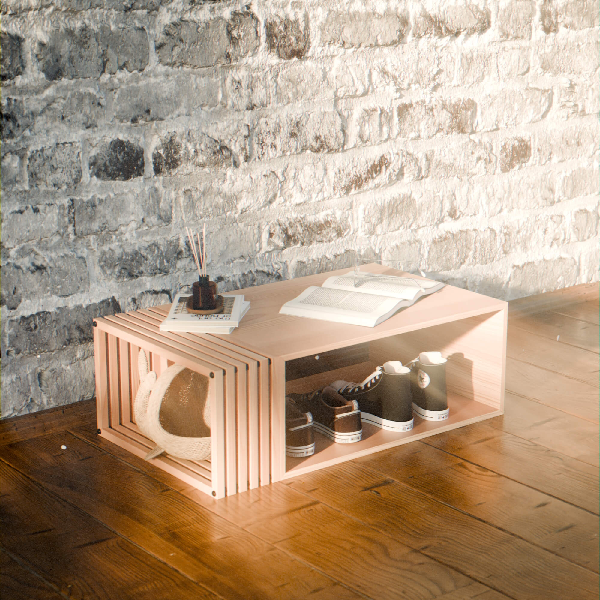 Modern Minimalist Wooden Slatted Storage Bench 3D Model 3D Model