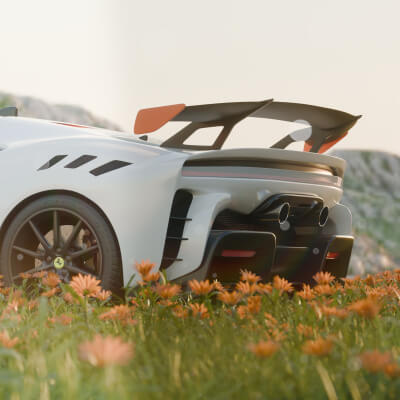 Pure Power Meets Nature White Supercar in a Floral Field 3D Wallpaper