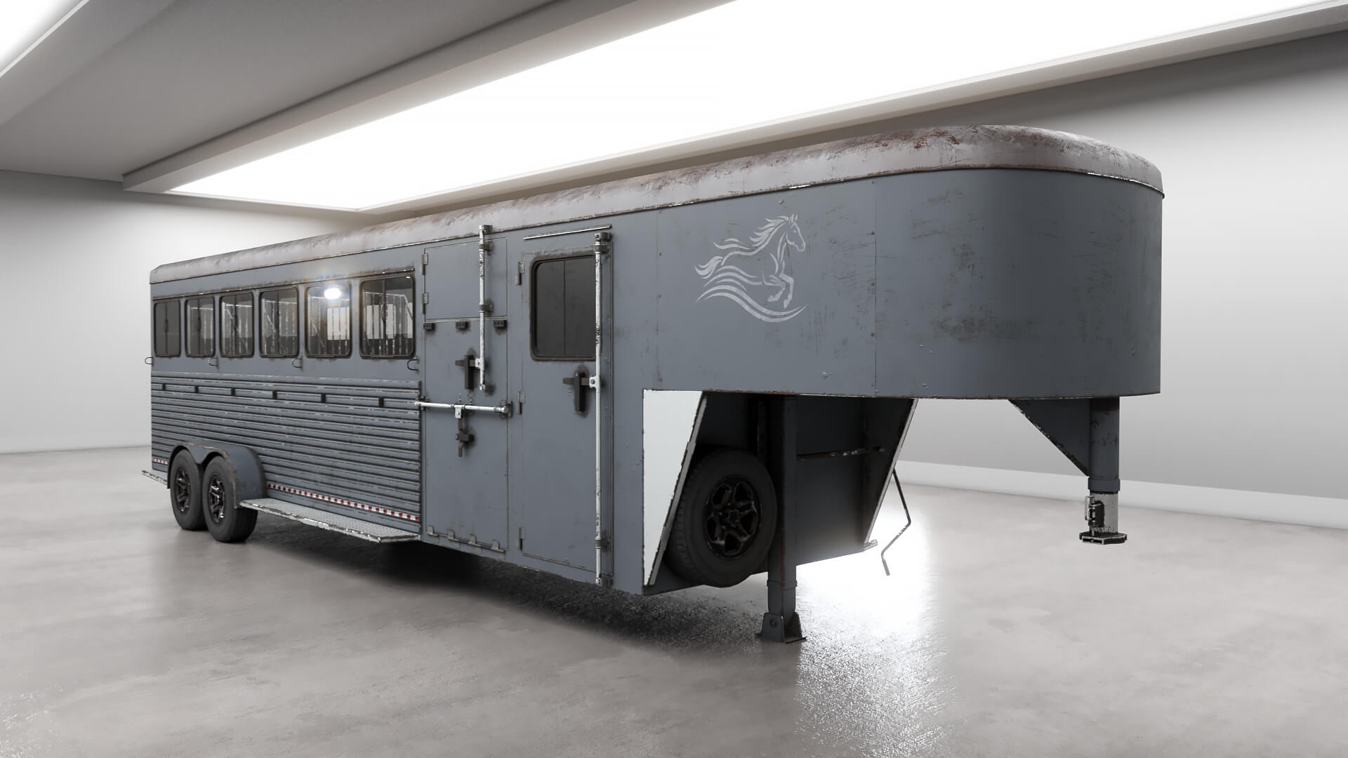 Gooseneck Horse Trailer Rigged Midpoly Worn 3D Model