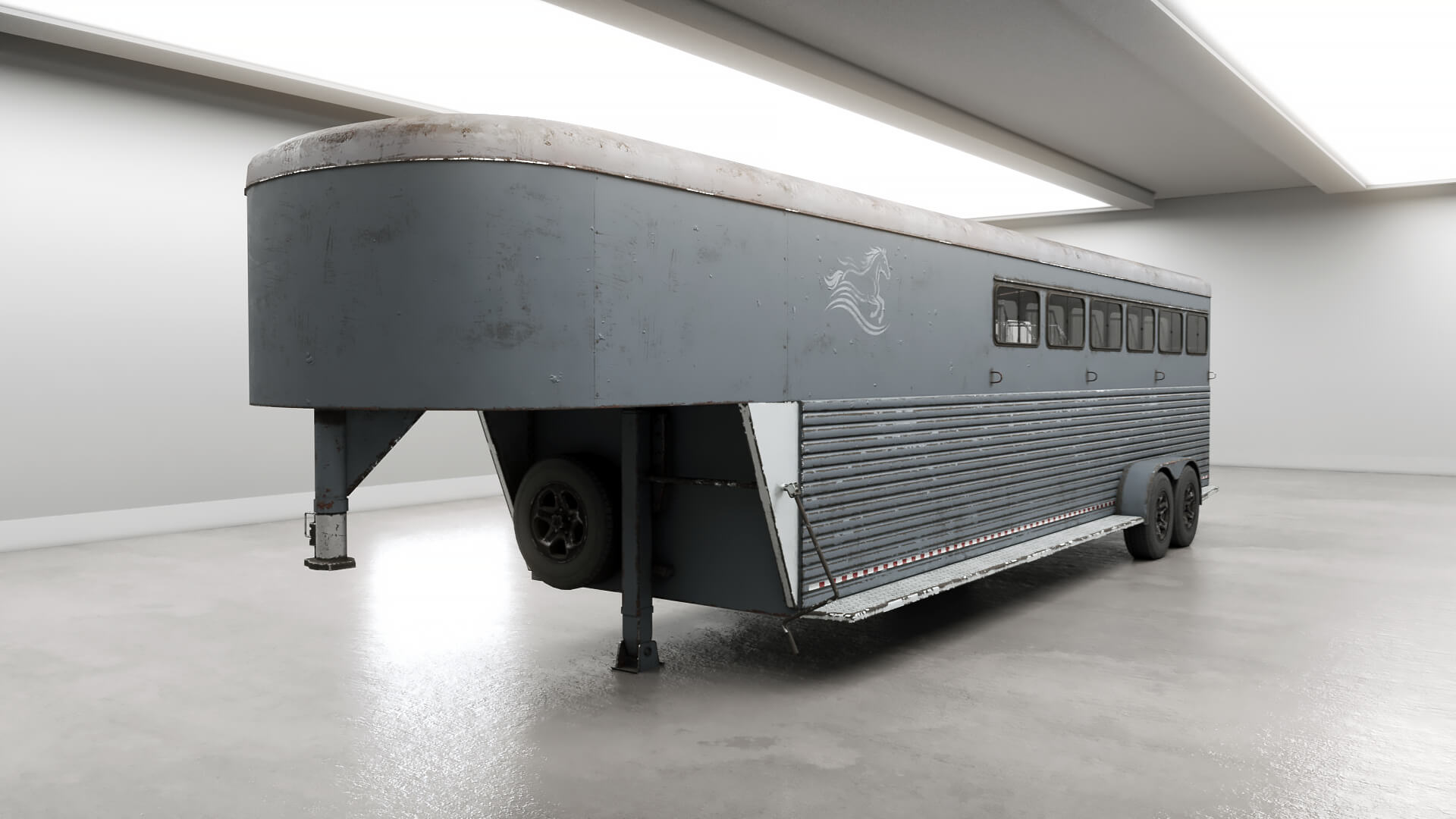 Gooseneck Horse Trailer Rigged Midpoly Worn 3D Model
