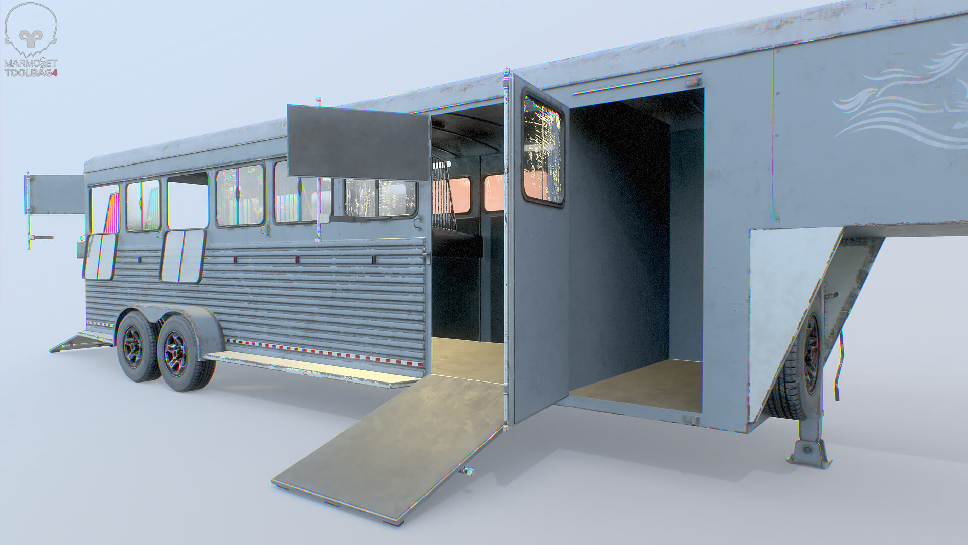 Gooseneck Horse Trailer Rigged Midpoly Worn 3D Model