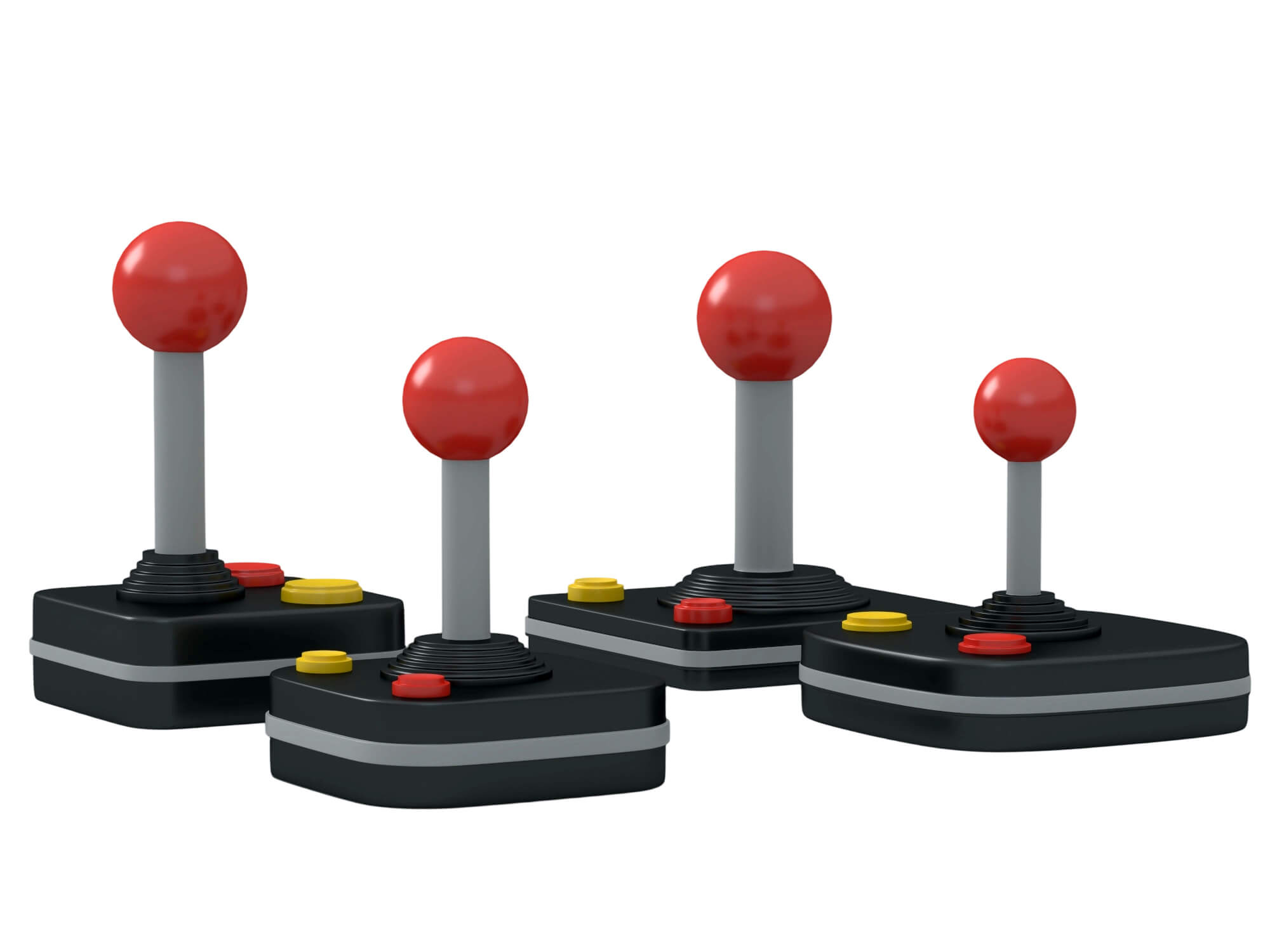 Four Retro Arcade Joysticks Red Ball Tops Colored Action 3D Model