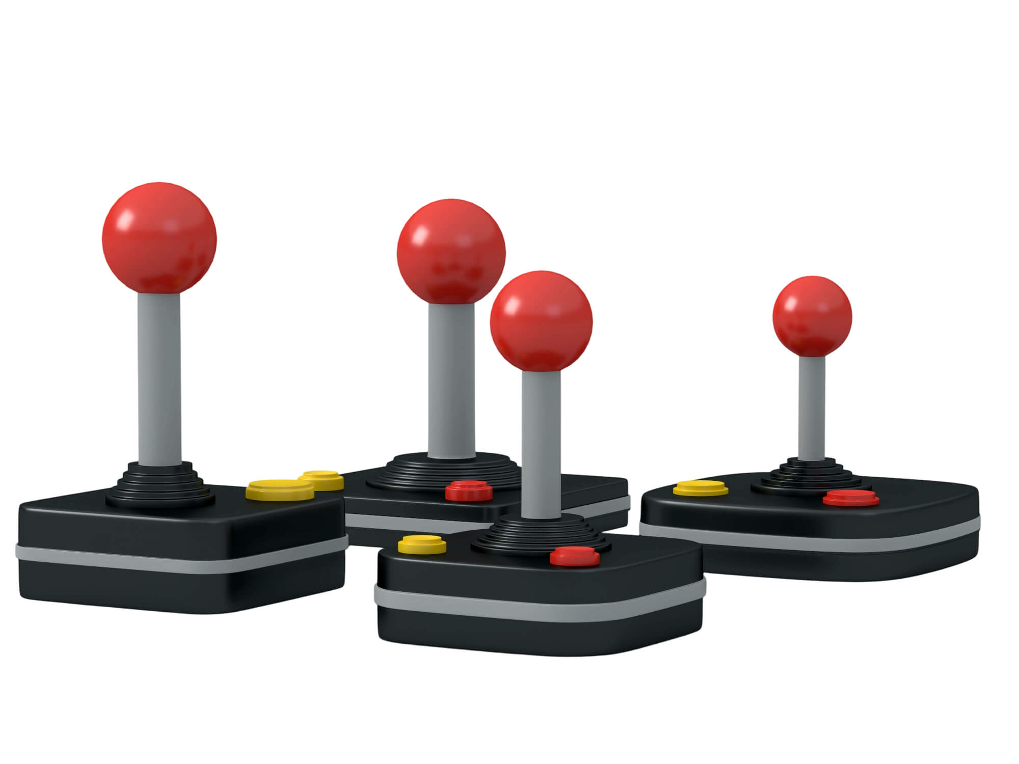 Four Retro Arcade Joysticks Red Ball Tops Colored Action 3D Model