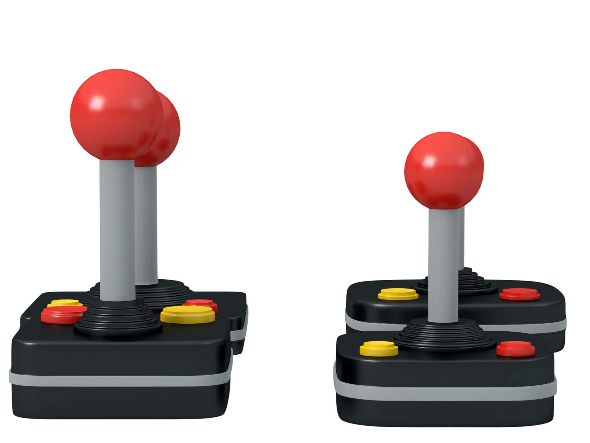 Four Retro Arcade Joysticks Red Ball Tops Colored Action 3D Model