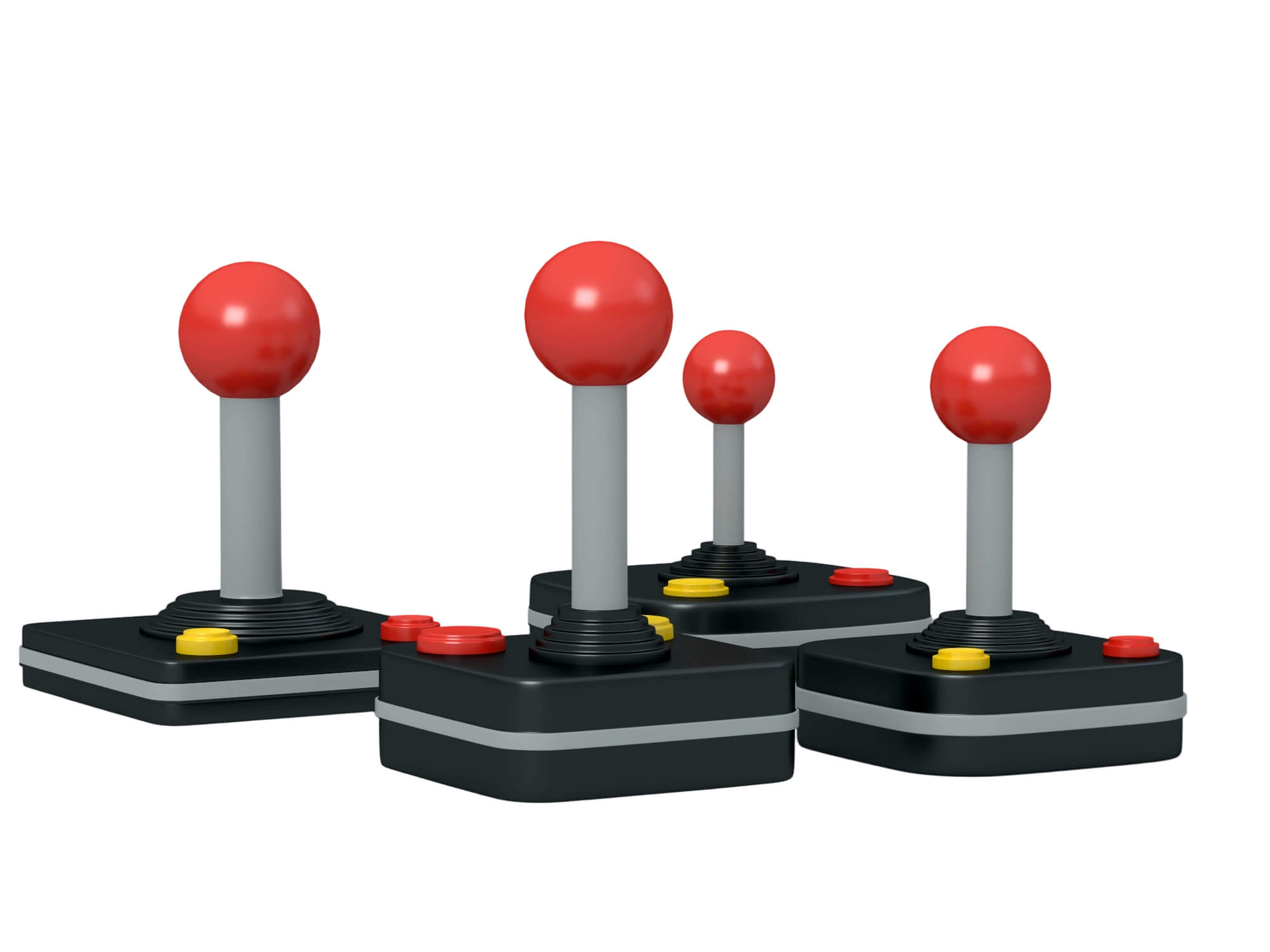 Four Retro Arcade Joysticks Red Ball Tops Colored Action 3D Model
