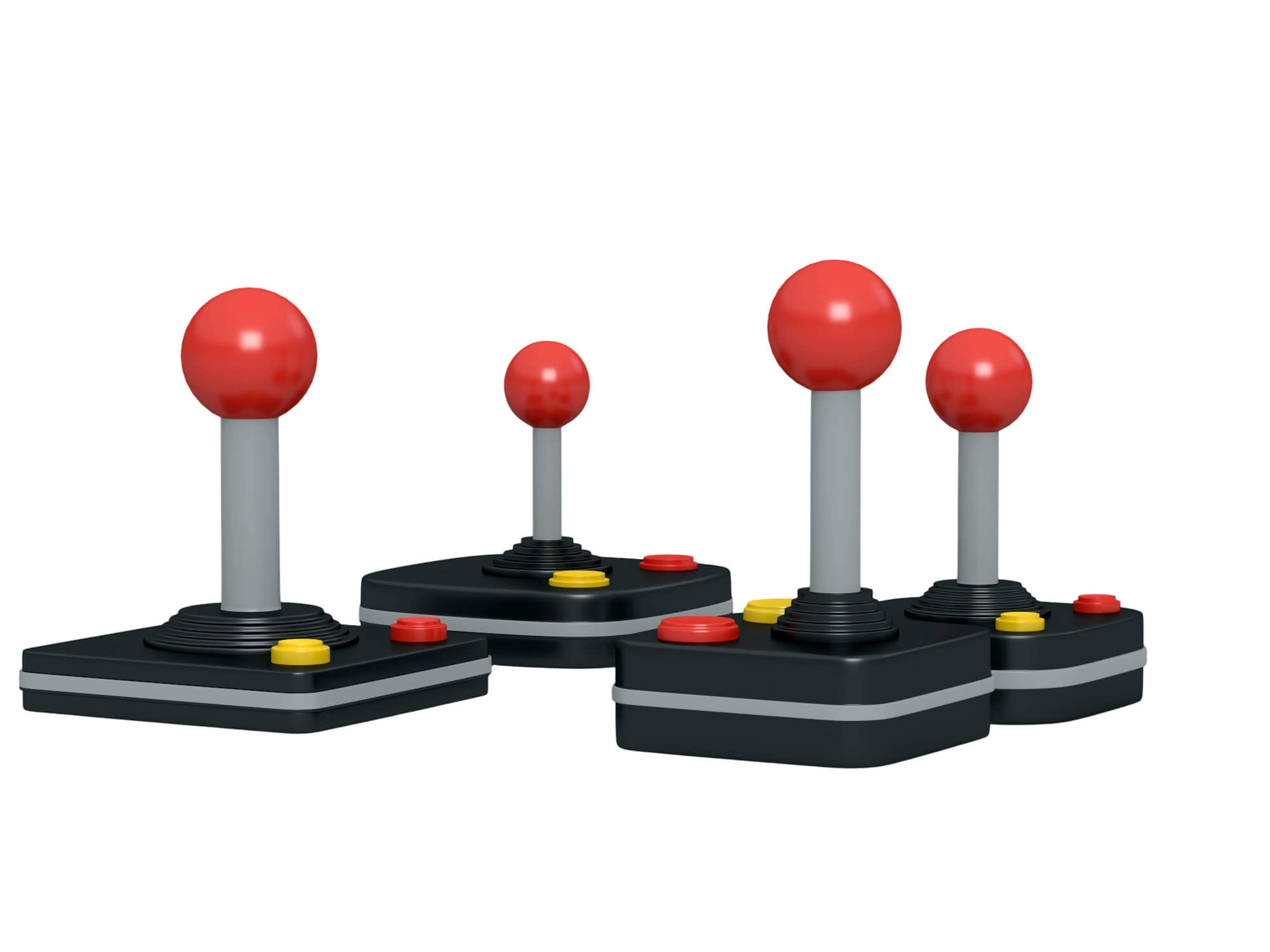 Four Retro Arcade Joysticks Red Ball Tops Colored Action 3D Model
