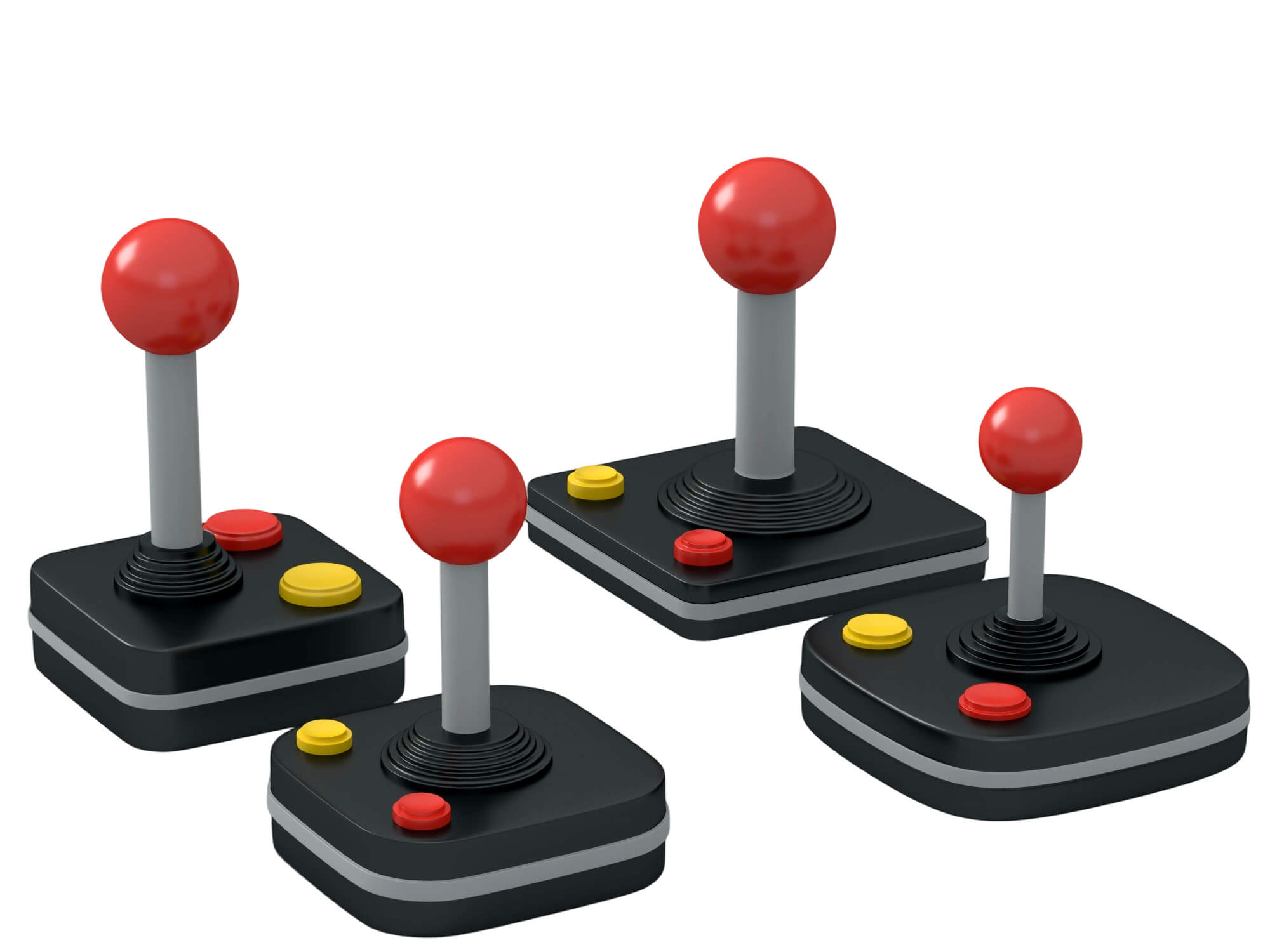 Four Retro Arcade Joysticks Red Ball Tops Colored Action 3D Model