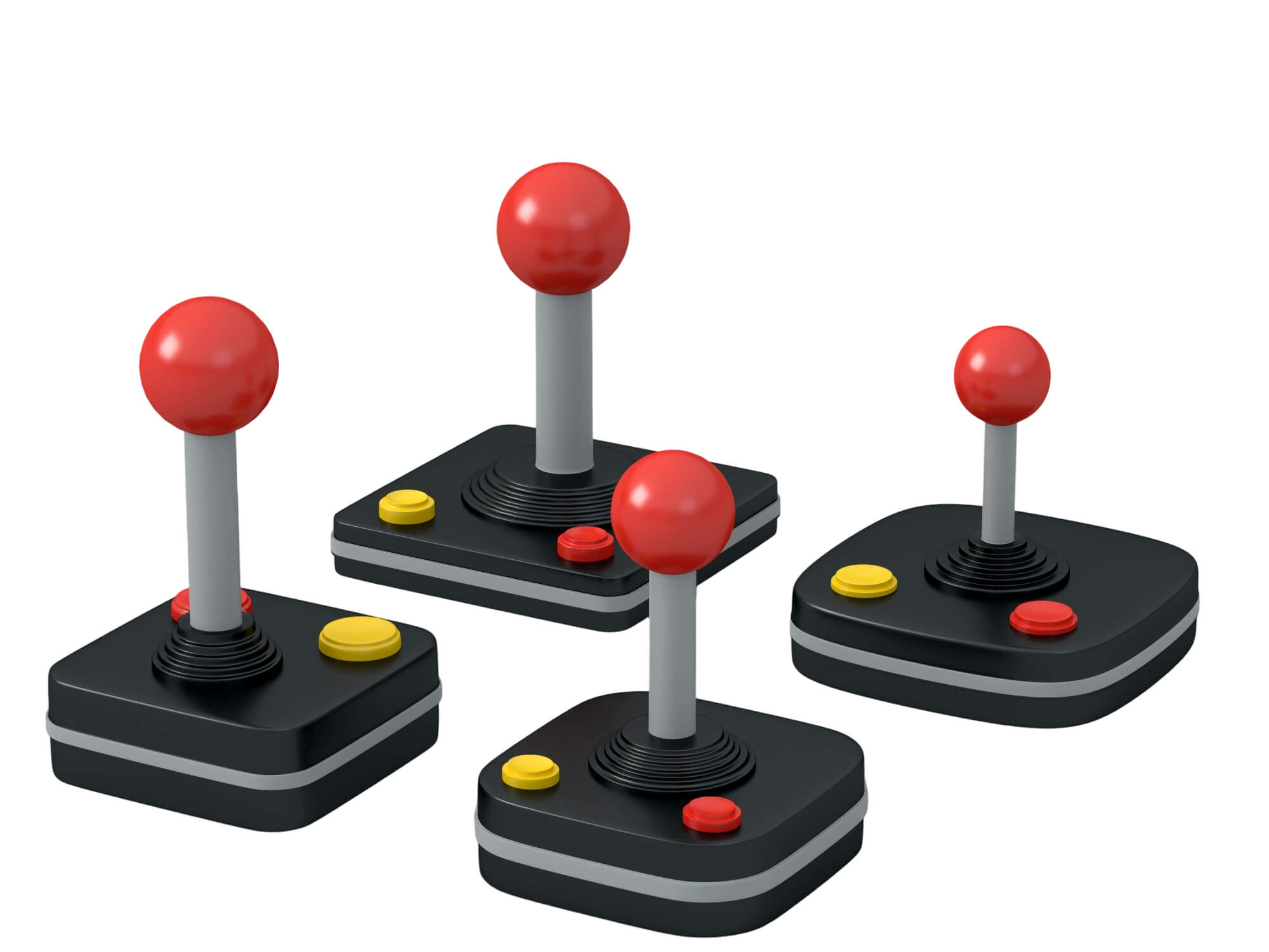 Four Retro Arcade Joysticks Red Ball Tops Colored Action 3D Model