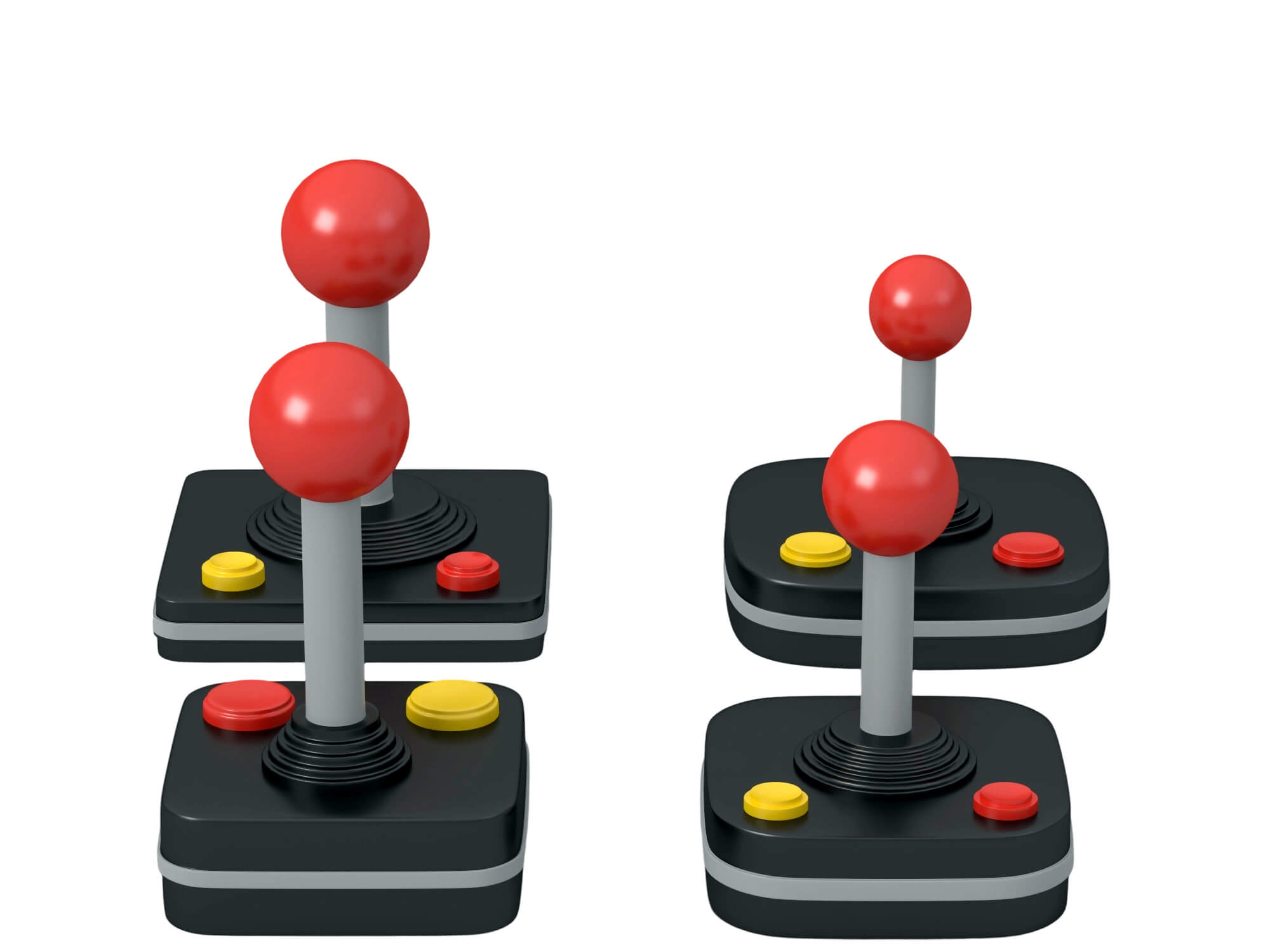 Four Retro Arcade Joysticks Red Ball Tops Colored Action 3D Model