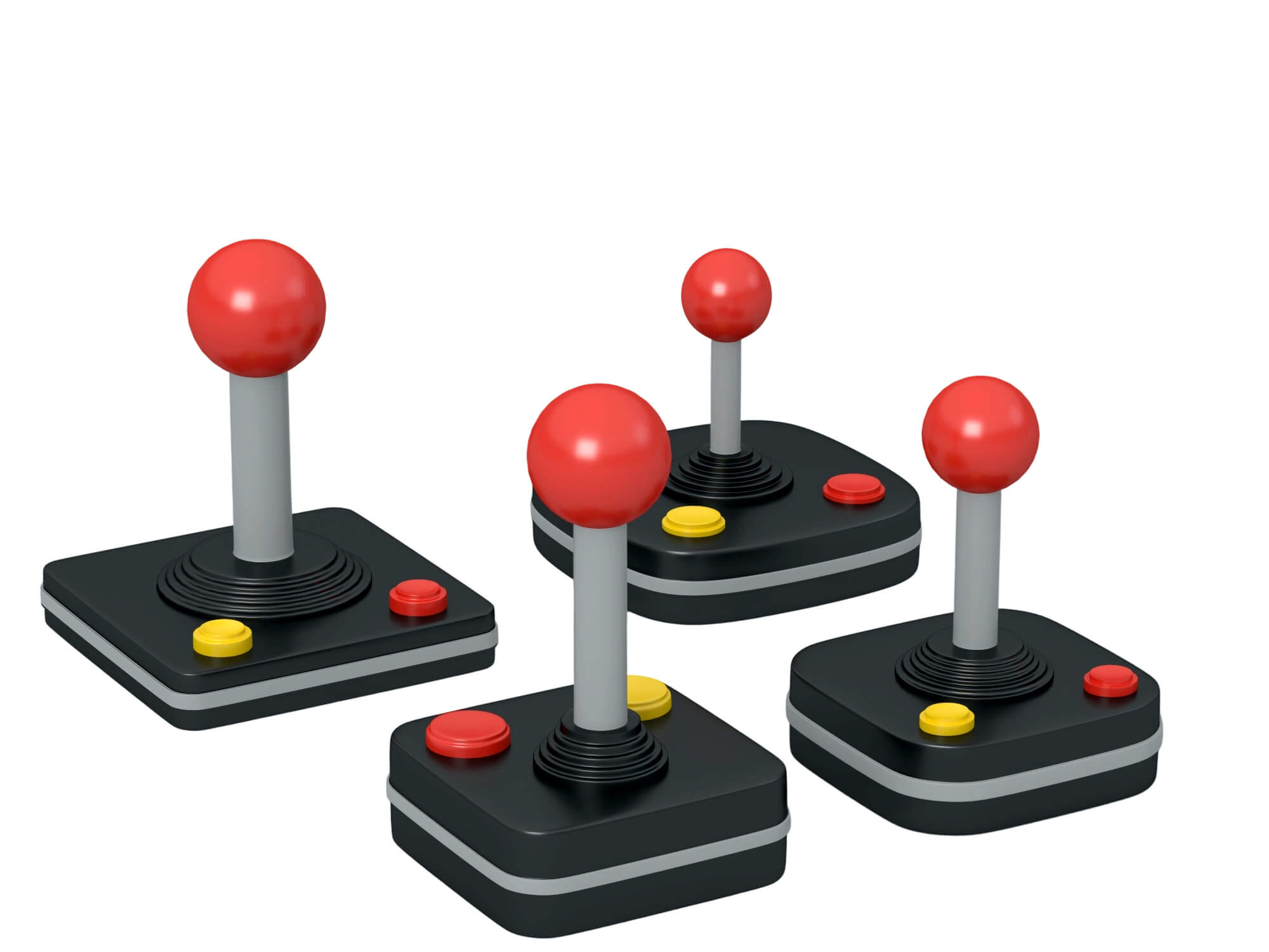 Four Retro Arcade Joysticks Red Ball Tops Colored Action 3D Model