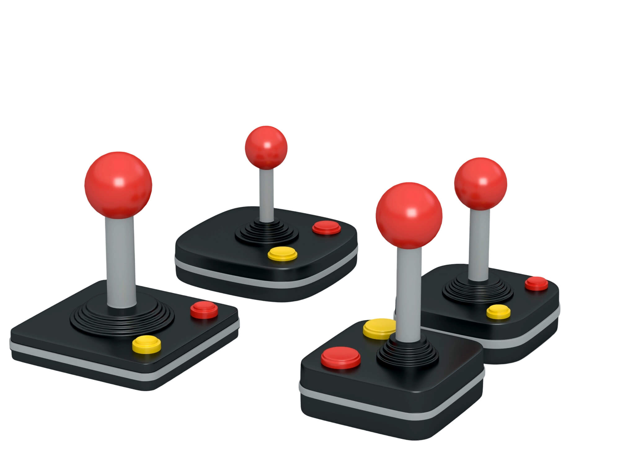 Four Retro Arcade Joysticks Red Ball Tops Colored Action 3D Model