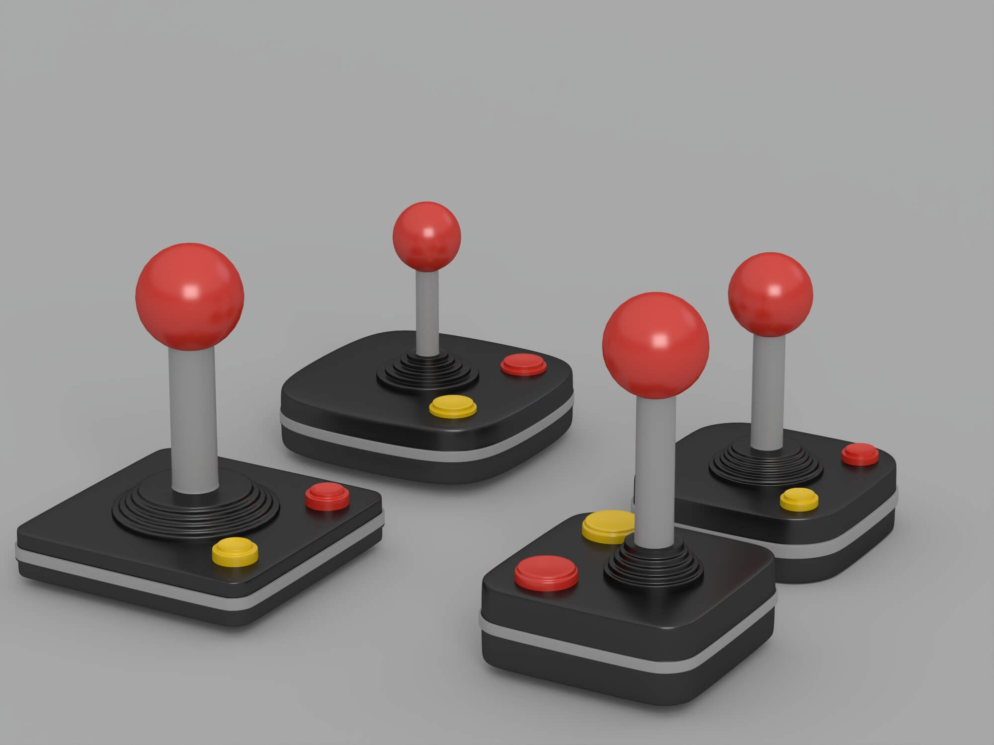 Four Retro Arcade Joysticks Red Ball Tops Colored Action 3D Model