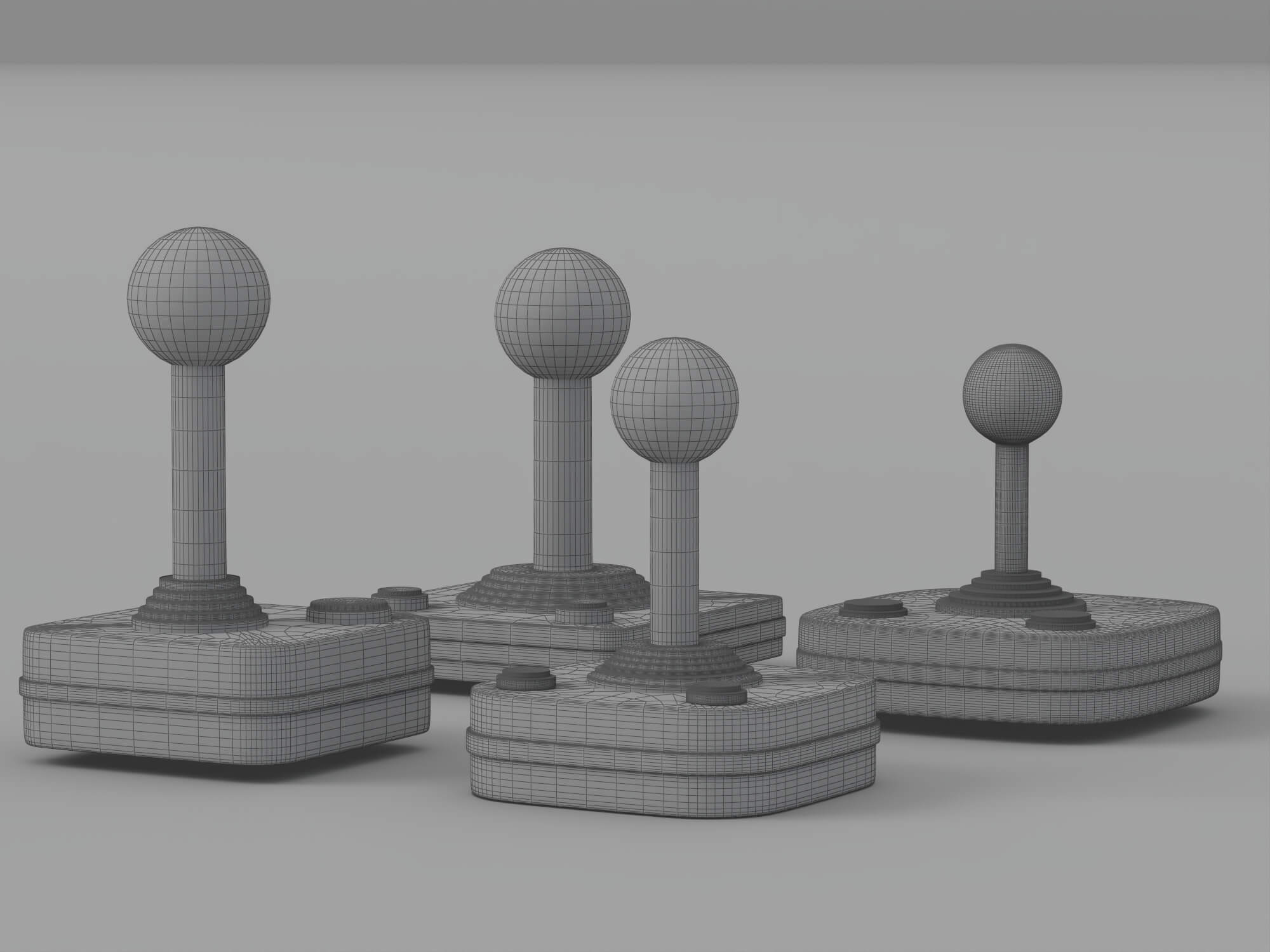 Four Retro Arcade Joysticks Red Ball Tops Colored Action 3D Model
