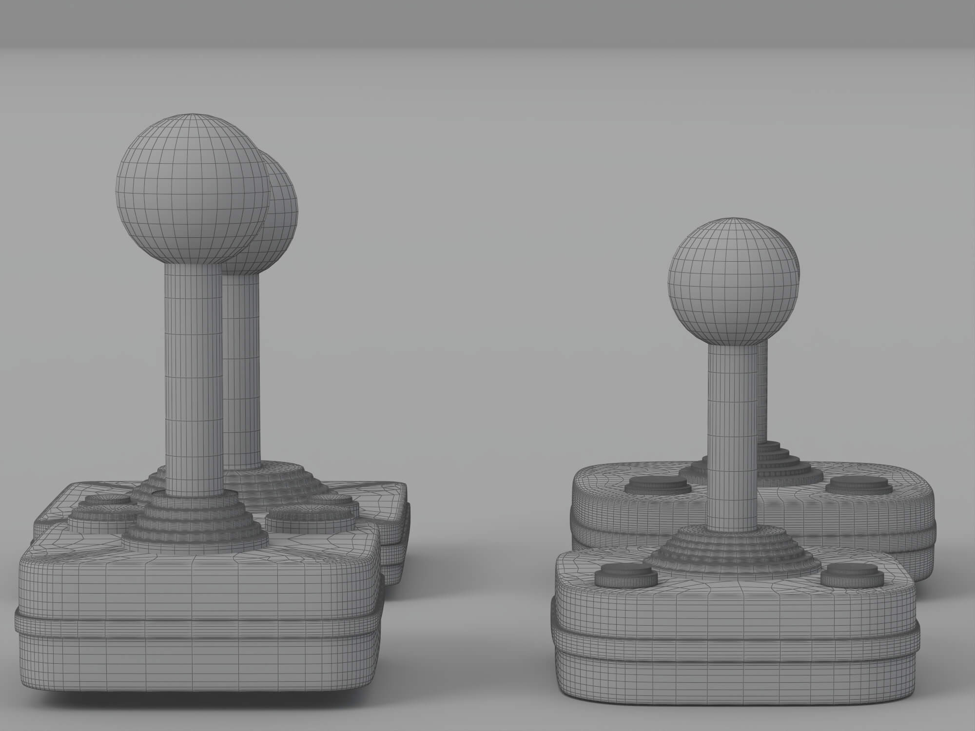Four Retro Arcade Joysticks Red Ball Tops Colored Action 3D Model
