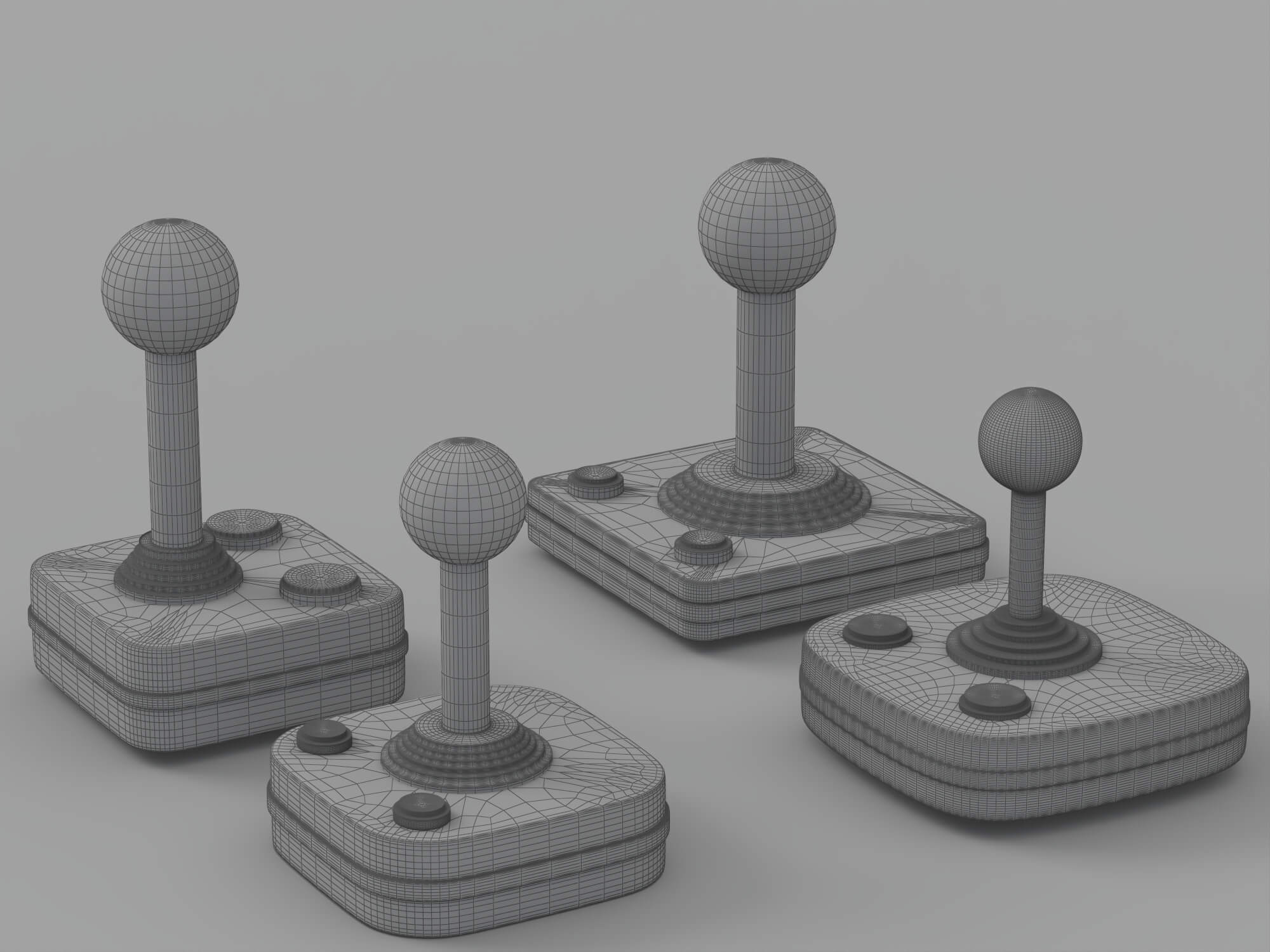 Four Retro Arcade Joysticks Red Ball Tops Colored Action 3D Model