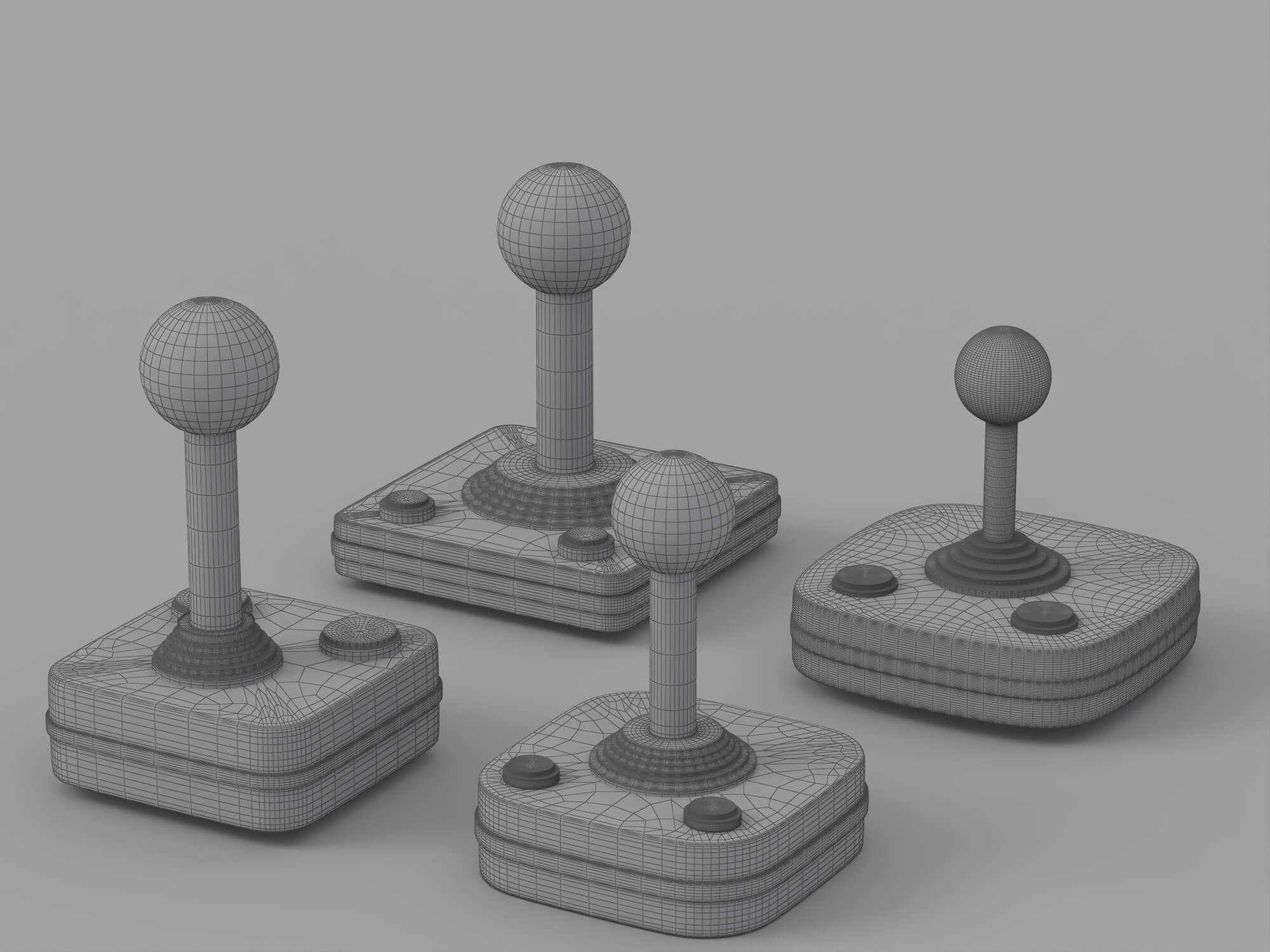 Four Retro Arcade Joysticks Red Ball Tops Colored Action 3D Model