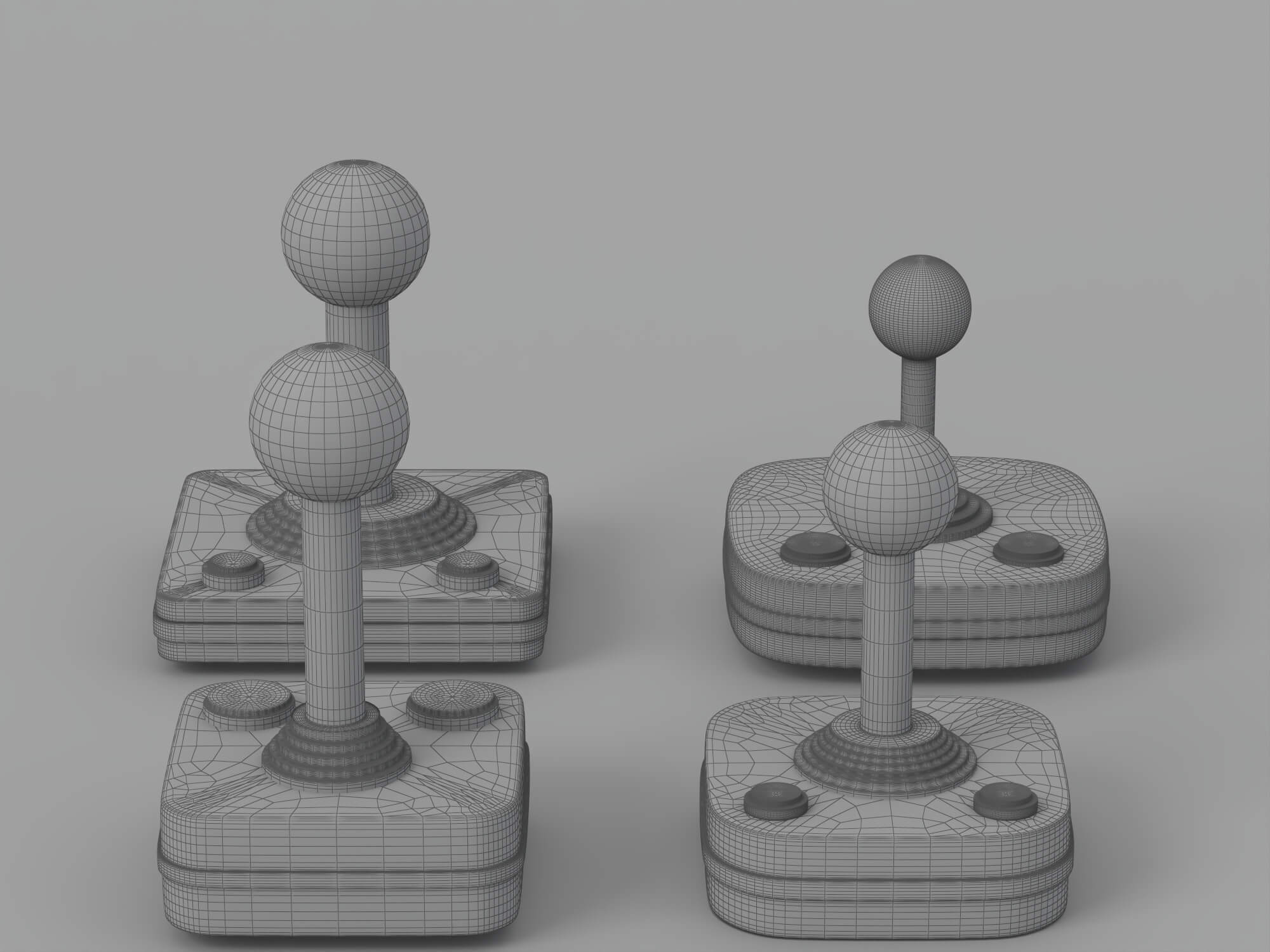 Four Retro Arcade Joysticks Red Ball Tops Colored Action 3D Model