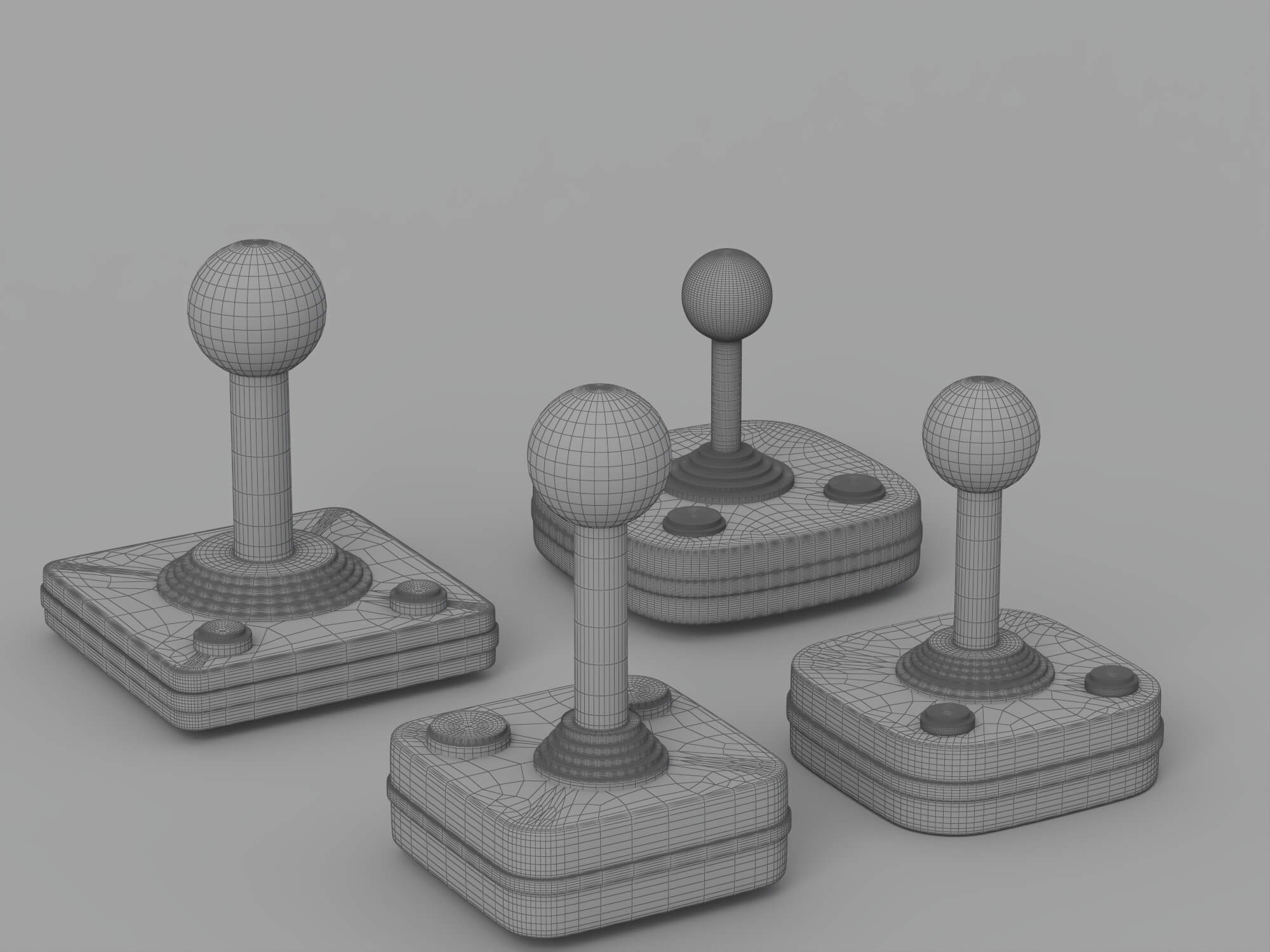 Four Retro Arcade Joysticks Red Ball Tops Colored Action 3D Model